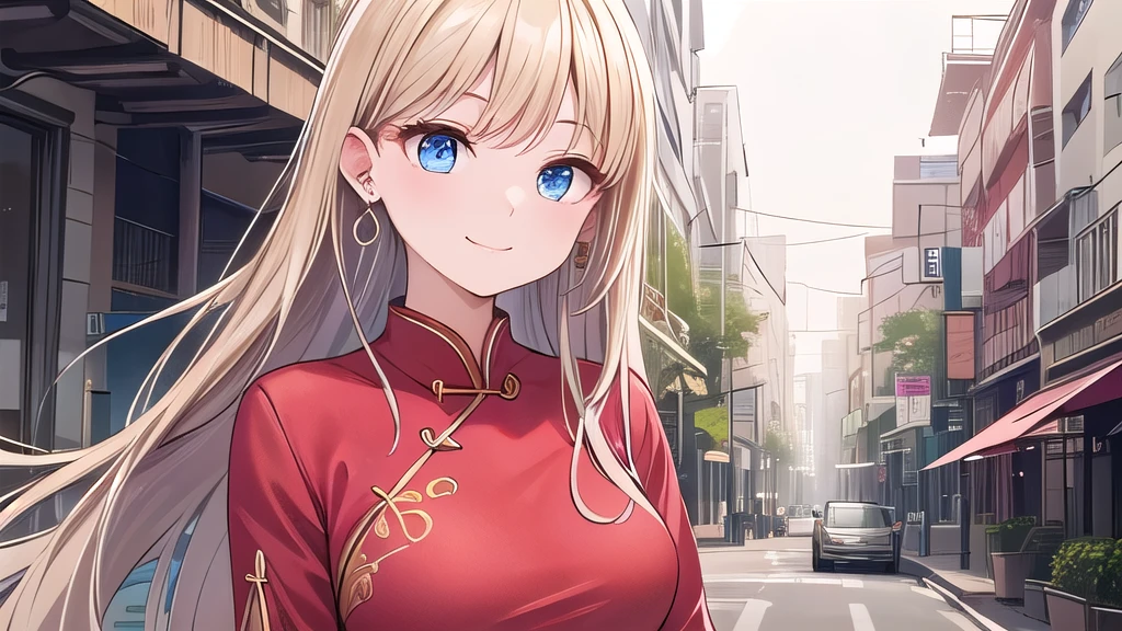 red cheongsam、gentle smile、long blonde hair、Bright blue eyes、highest quality、Delicate illustrations super detailed、20about age、Only one female、detailed background、earrings、Delicate illustrations super detailed、bustling street