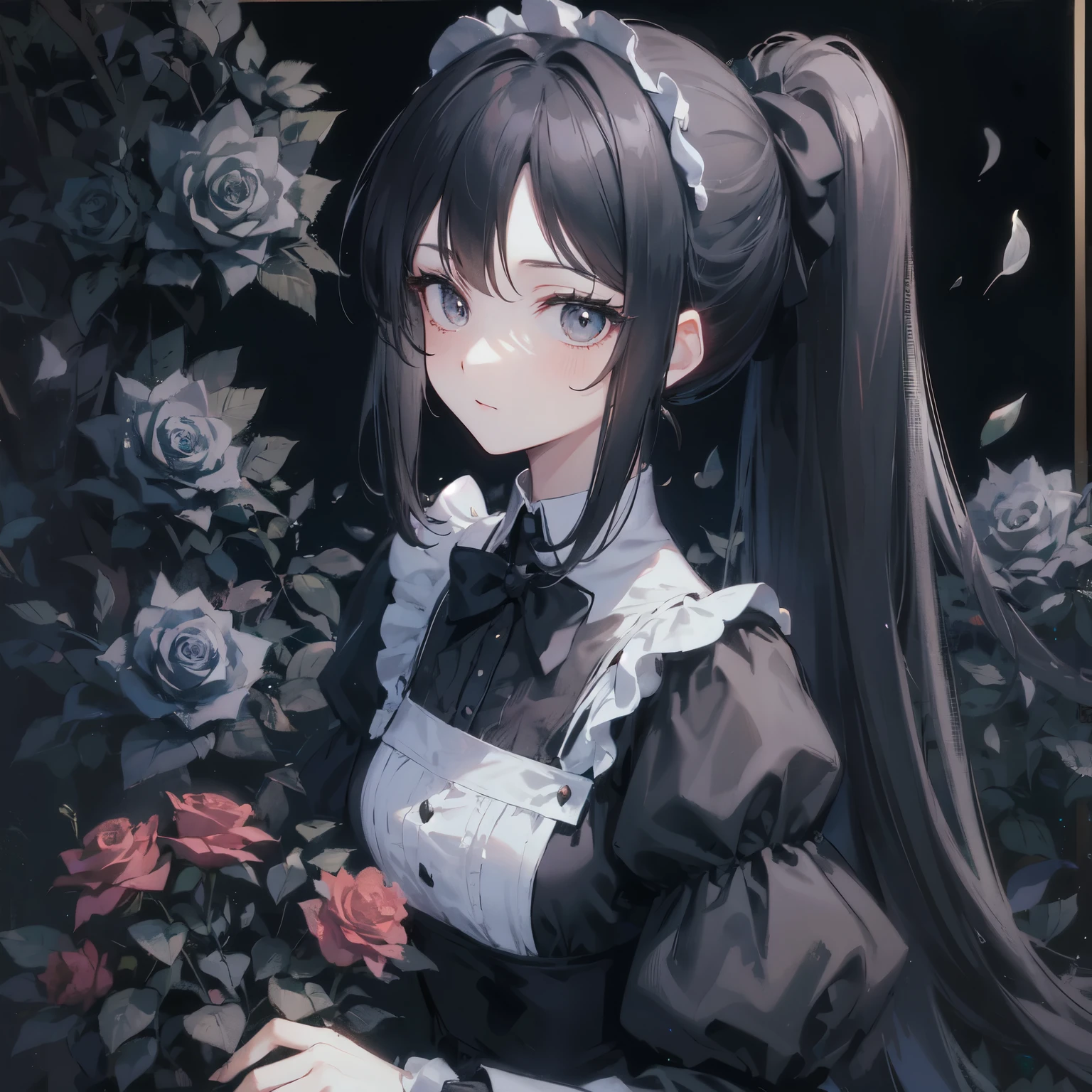 Top quality, surrounded by black roses, woman in black maid's outfit tending roses, black ponytail hair, beautiful black eyes, night, black background