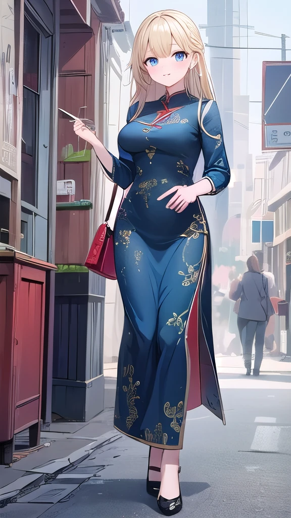 red cheongsam、gentle smile、long blonde hair、Bright blue eyes、highest quality、Delicate illustrations super detailed、20about age、Only one female、detailed background、earrings、Delicate illustrations super detailed, full body、bustling street