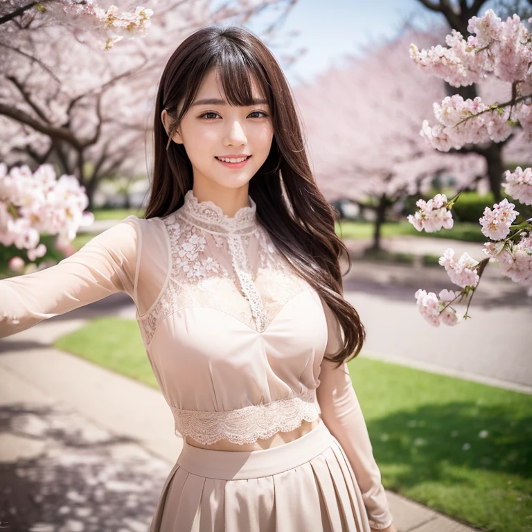 The eyes of a young, beautiful Japanese woman in the sex industry smiling and dancing under the cherry blossoms in full bloom. Focal length 100mmf/2.8, spring day, sunny, park with cherry blossoms in full bloom and lawn, well-shaped face, long hair, toned body, peach-colored blouse with lace decoration and skirt in a subdued tan color. Transparent skin, large arm movements, maximum close-up of the eyes, a sense of realism, a sense of movement, 8K image quality, the highest quality.