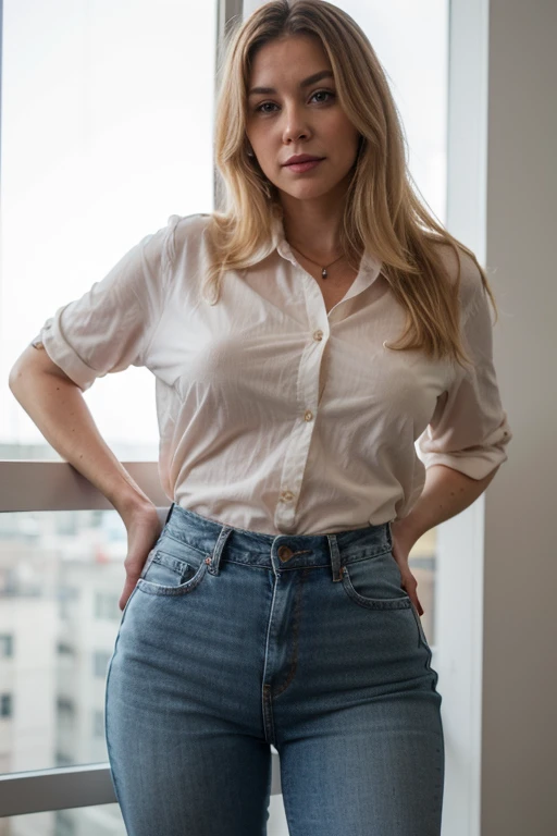 50 years old blonde chubby mom, using shirt and jeans, seductive face
