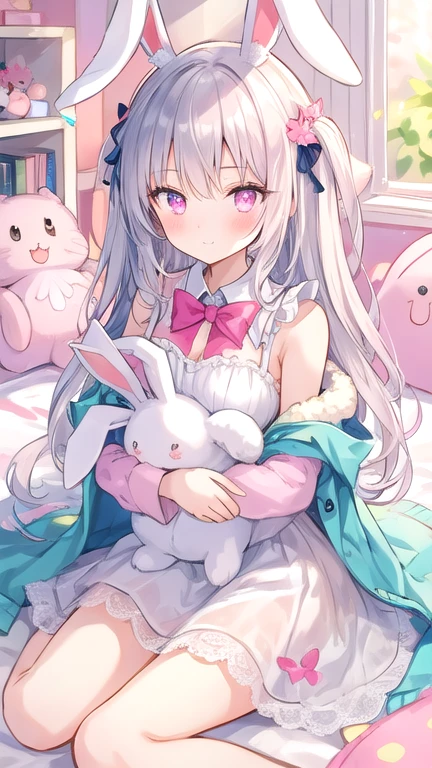 Beautiful illustration, best quality, cute girl, bedroom, pastel colors, fluffy bunny ears, , Long silver hair, Rabbit stuffed toy, bright lights, light pink eyes