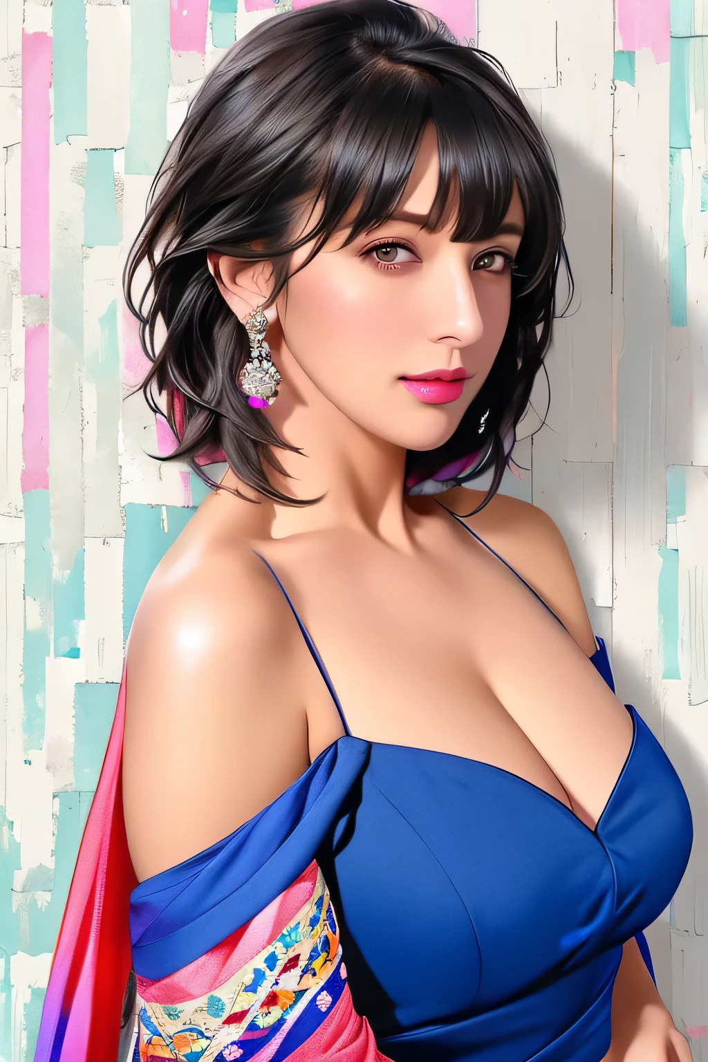 1 girl, Bethel, black eye, bare shoulders, chest, medium chest, short hair, gray hair, hair above one eye, bangs, gloves, No sleeve, alone, shirt, fingerless gloves, white shirt, No sleeve shirt, turn your arms behind your back, off shoulder, horn,masterpiece), (highest quality), (super detailed), outdoors, (((Colorful block wall background))), blue flower,