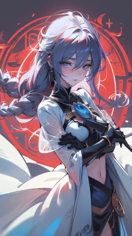(((masterpiece))),best quality, illustration,beautiful detailed glow,detailed ice,beautiful detailed water,red moon, (magic circle:1,2), (beautiful detailed eyes),expressionless,beautiful detailed white gloves, own hands clasped, (floating palaces:1.1),azure hair,disheveled hair,long bangs, hairs between eyes, dark dress, (dark magician girl:1.1),black kneehighs, black ribbon,white bowties,midriff,{{{half closed eyes}}},,big forhead,blank stare,flower,large top sleeves