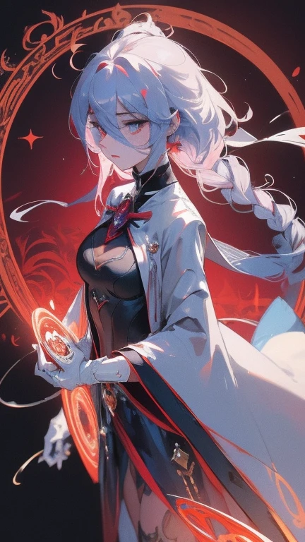 (((masterpiece))),best quality, illustration,beautiful detailed glow,detailed ice,beautiful detailed water,red moon, (magic circle:1,2), (beautiful detailed eyes),expressionless,beautiful detailed white gloves, own hands clasped, (floating palaces:1.1),azure hair,disheveled hair,long bangs, hairs between eyes, dark dress, (dark magician girl:1.1),black kneehighs, black ribbon,white bowties,midriff,{{{half closed eyes}}},,big forhead,blank stare,flower,large top sleeves
