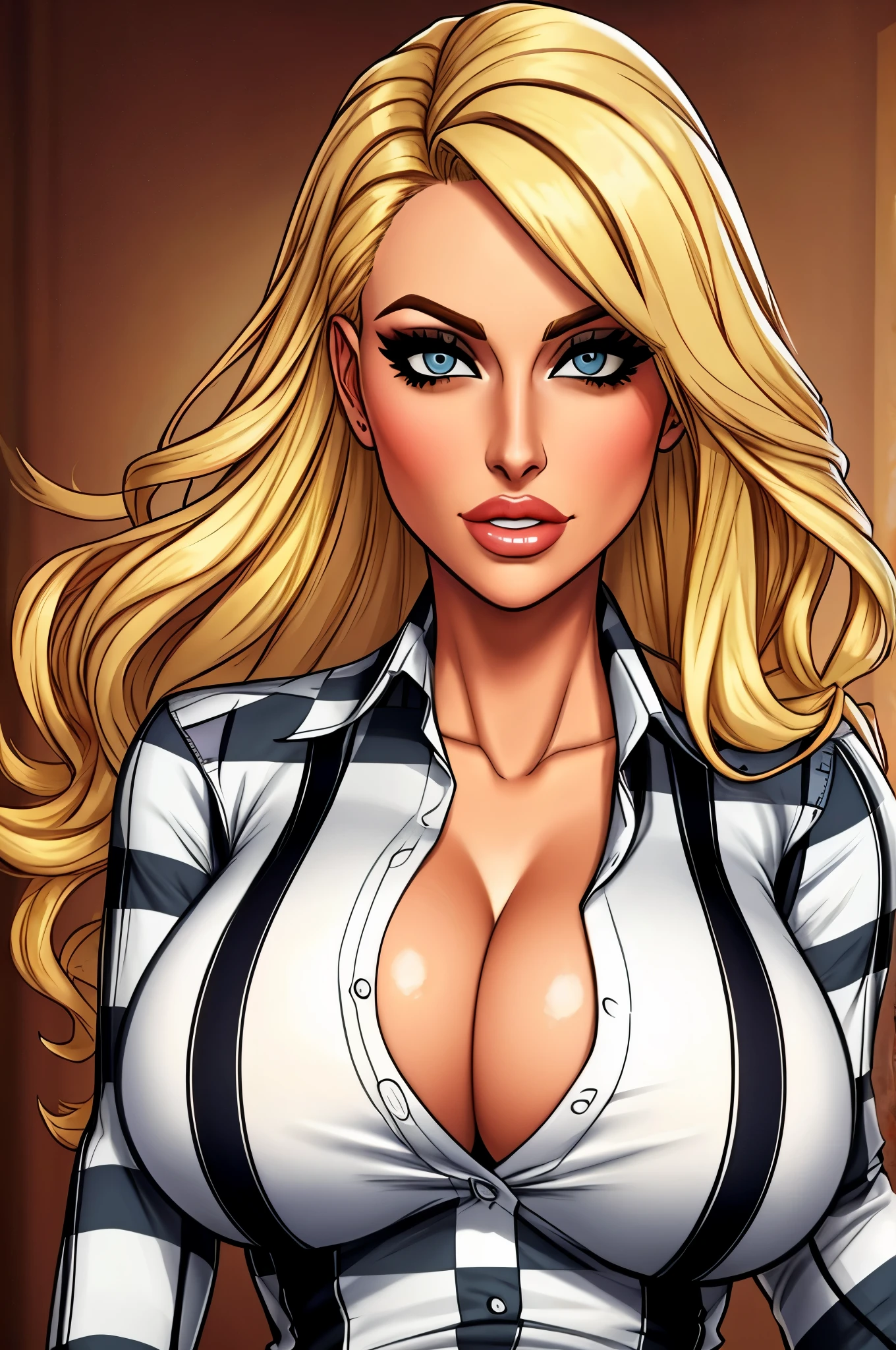 Blonde busty woman in a checkered shirt