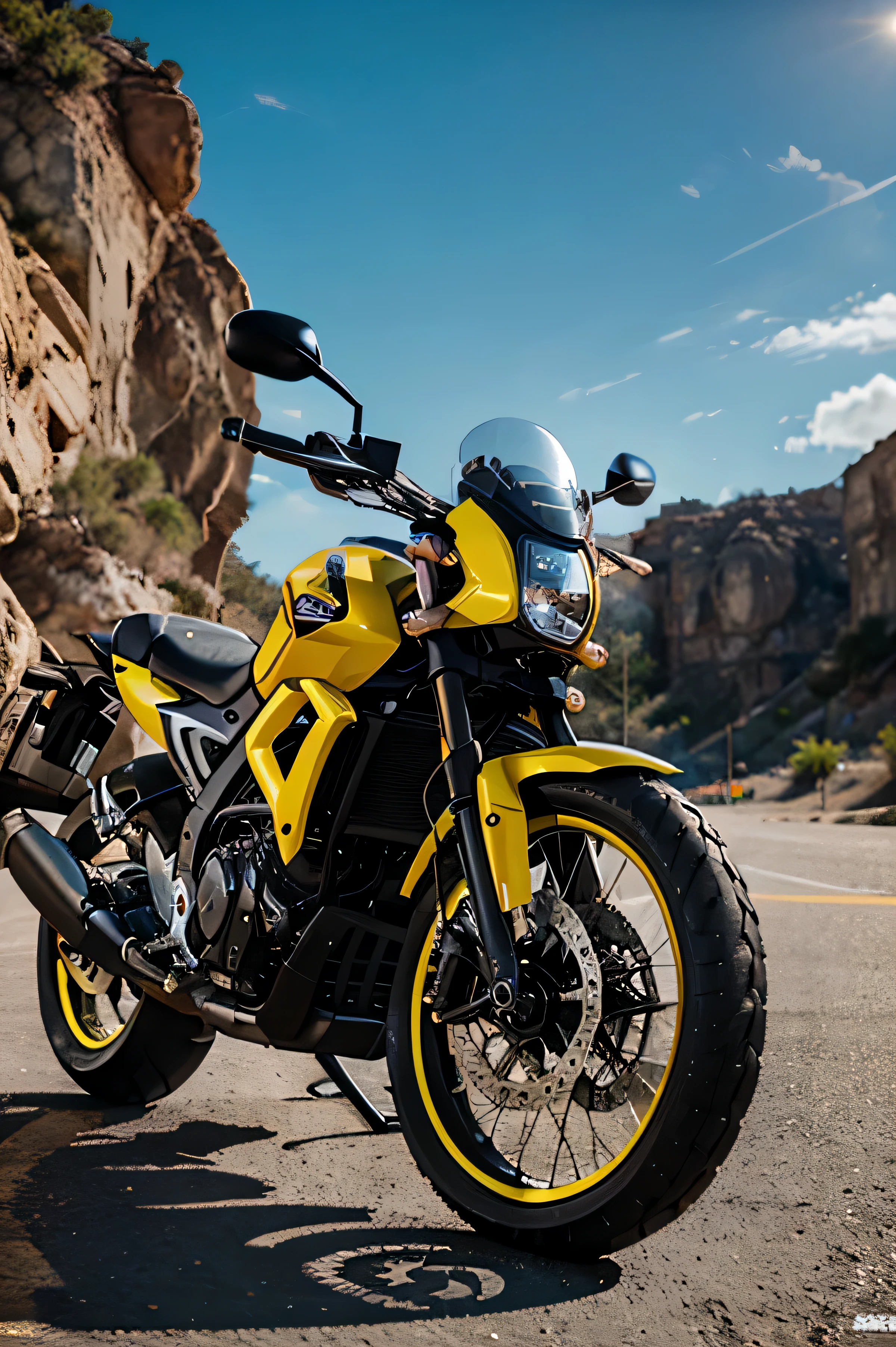 un primer plano de una motocicleta estacionada sobre una playa, moto dakar, armadura negra con detalles en amarillo, Render 3D de Jerma 9 8 5, azabache - piel negra, turismo, con detalles de color fluo, Bold graphics, negro. amarillo, Vista lateral, glossy amarillo, negro and amarillo, atardecer