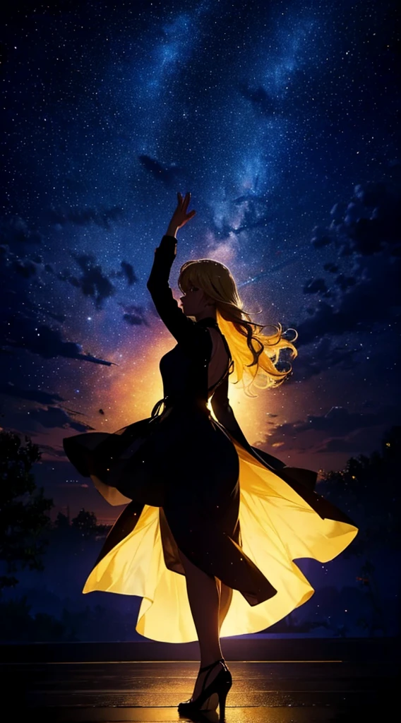 starry sky，dance，woman１people々，silhouette，blonde， dress，blonde long hair，