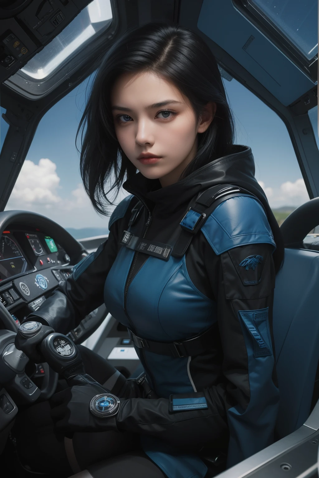 A beautiful woman. Twenty years old. Black hair. She wears a blue-black metallic battle uniform. She is looking at the camera with a defiant expression. She is sitting in the cockpit of a small spaceship.