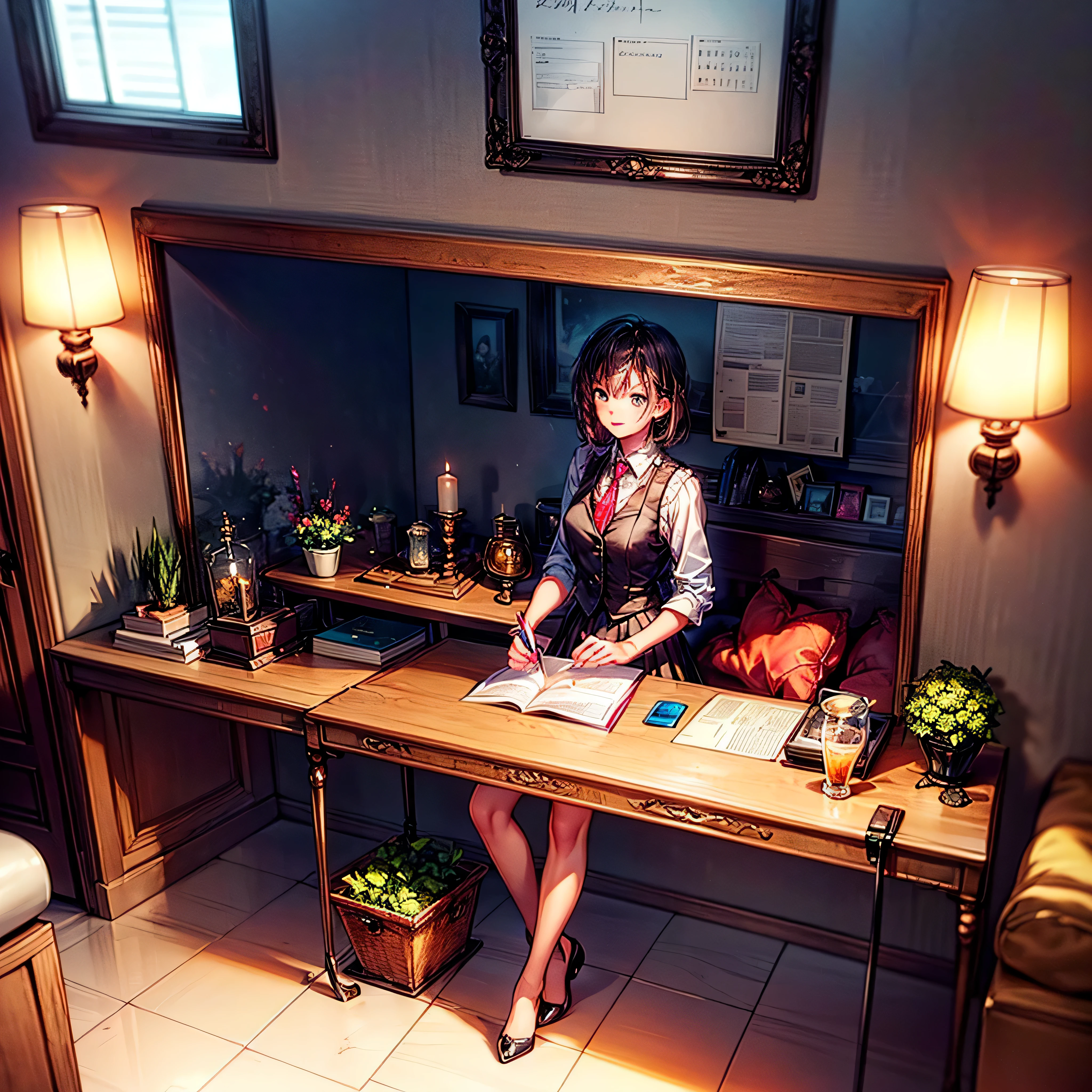 A fine girl, with black hair, she is wearing short shorts and a shirt, she's 18, her eyes are dark brown, coffee, she loves coffee, she is holding a cup of coffee, she is black, has dark skin, Globe World Earth (epic tMasterpiece, ultra highest quality, ultra highest resolution, ultra high-definition, distinct_image, very elaborate CG cinematic_lighting ray_tracing drop_shadows (photorealistic: 1.4), ultra high-quality textures fine-grained realistic face expression): (Epic gorgeous girl brown short hair bulb frange big sparkling eyes, Eye level shot, happy smile, beauty, slim body small size breasts, holiday, own room, console disco, computer, display, keyboard, mouse, long leather skirt, collared shirt, leather vest, handgun holder, carrying leather bag on your back, long boots, antique radio, coffee, model train, bookshelf, spacious yellowchair, Pots, fans, paintings, stuffed animals, ties, notebooks, stationery, vases, photo frames, letters, fountain pens, calendars, lamps, cushions, baskets, mirrors reflecting in profile, candles, telephone, fruit, newspapers, sweets, city Eiffel view outside the window), Pendulum clock frog, varied multi etc. --v6 --s1000 --c20 --q5 --chaos100