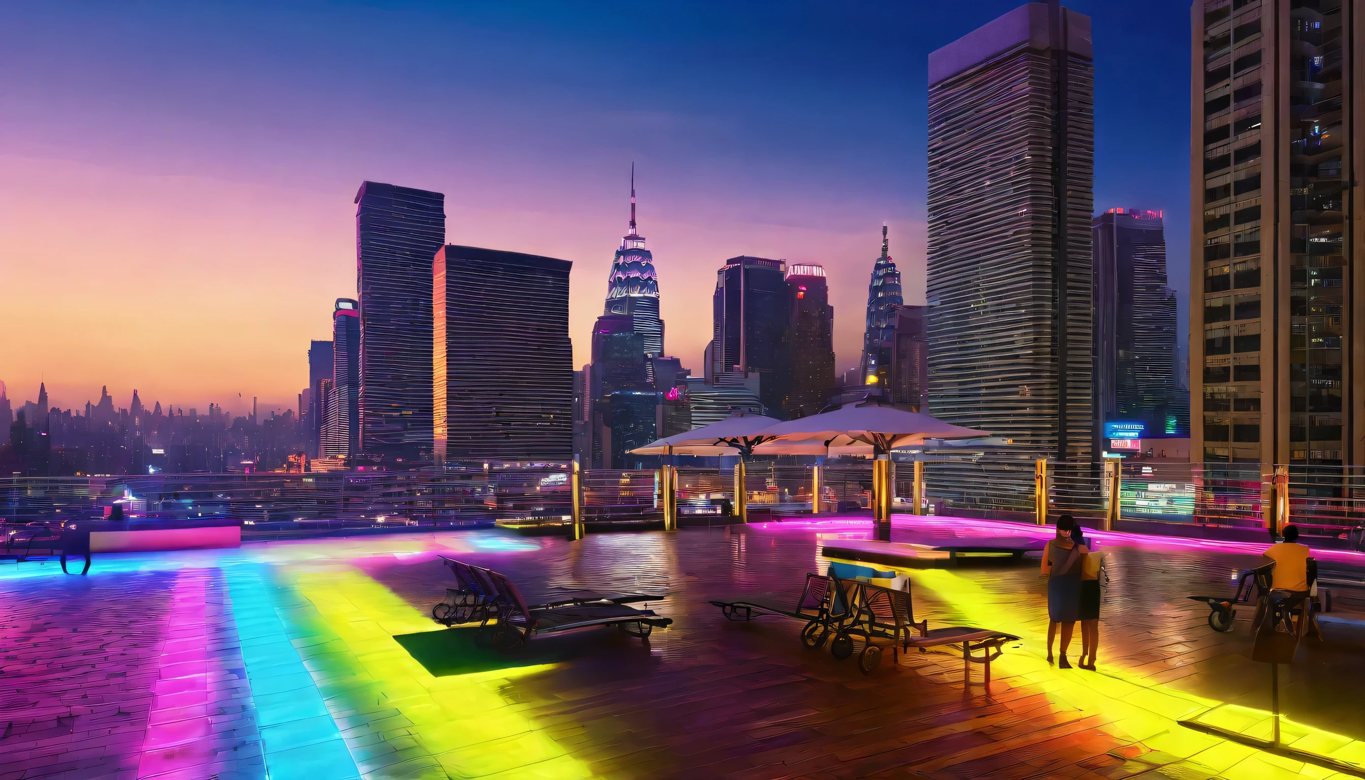 (best quality,4k,highres,ultra-detailed,realistic:1.2), vibrant neon lights illuminating the streets of the city at night, downtown cityscape bustling with activity, vivid colors blending harmoniously, city lights reflecting on rain-soaked pavements, bustling cars and taxis, towering skyscrapers reaching towards the starlit sky, bustling city life captured in a photorealistic manner, mesmerizing neon signs adorning the buildings, lively atmosphere filled with energy, dynamic composition showcasing the vibrant nightlife, urban setting bathed in an array of neon hues, bustling street filled with pedestrians, futuristic ambiance with a touch of nostalgia, captivating blend of modernity and tradition, city skyline with glowing skyscrapers, cinematic lighting casting dramatic shadows, bustling cafes and restaurants with vibrant outdoor seating areas, panoramic view capturing the essence of the city, dreamlike atmosphere with an electrifying energy.