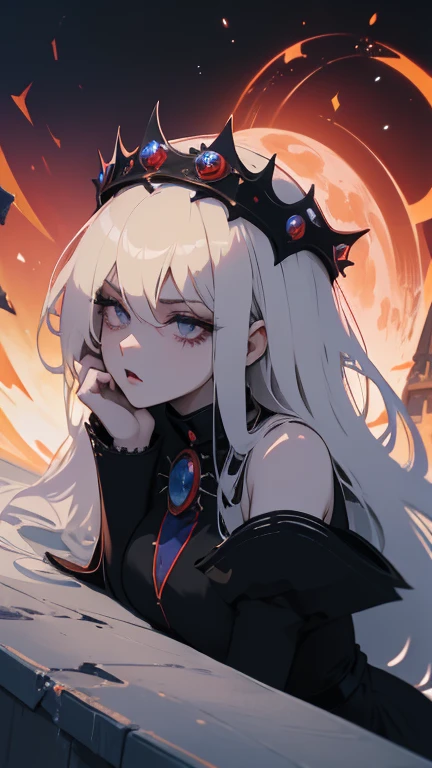 (((masterpiece))),best quality, illustration,beautiful detailed glow,detailed ice,beautiful detailed water,red moon, (magic circle:1,2), (beautiful detailed eyes),expressionless,beautiful detailed white gloves, own hands clasped, (floating palaces:1.1),azure hair,disheveled hair,long bangs, hairs between eyes, dark dress, (dark magician girl:1.1),black kneehighs, black ribbon,white bowties,midriff,{{{half closed eyes}}},,big forhead,blank stare,flower,large top sleeves