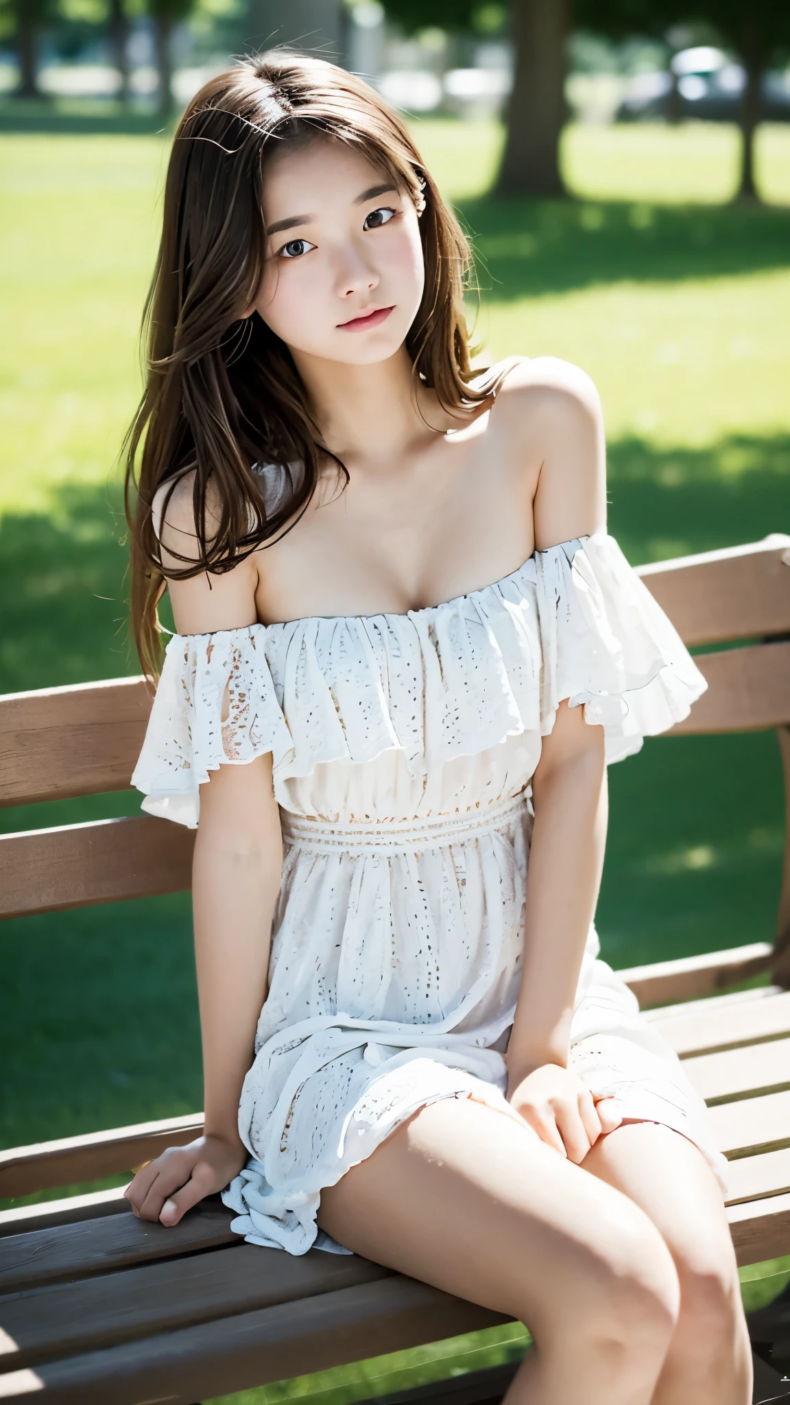 Caucasian  girl、sitting on a park bench、background blur、Super high quality、sunlight、Off-the-shoulder short dress、legs open、Fair-skinned beautiful girl、messy long hair、small cleavage、A fleeting look、clear outline