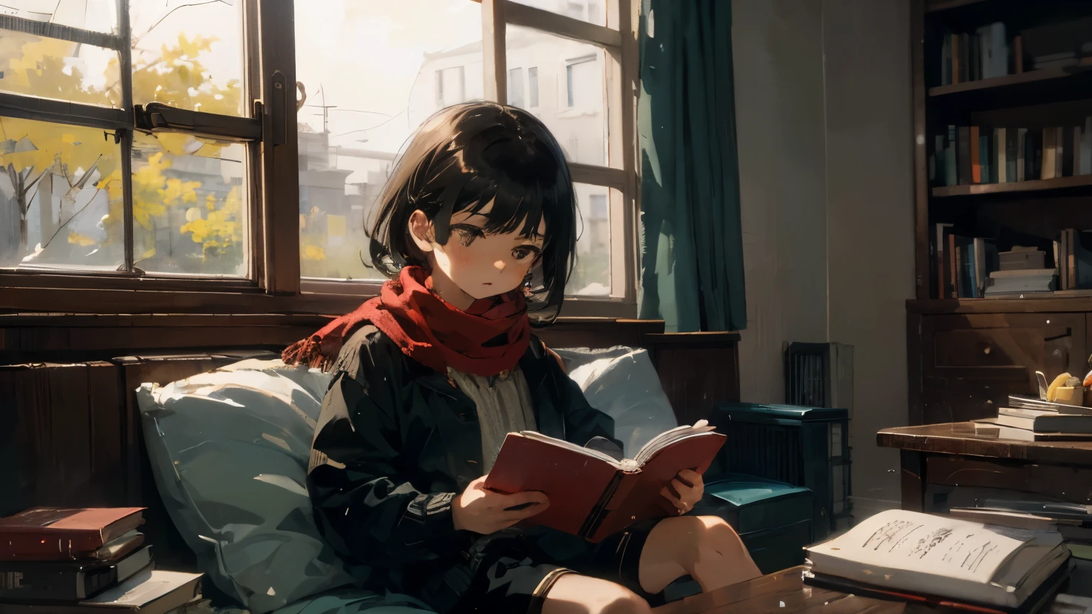 highest quality, masterpiece, ultra high resolution, Super detailed, A girl concentrating on reading, body, Light green sweater, black shorts, Red scarf with black stripes, black hair, brown eyes, calm room, window, nature