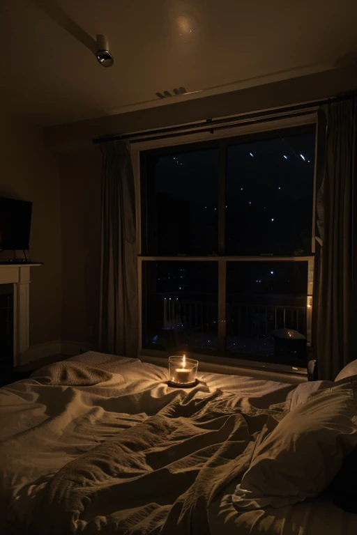 Bed in dark room candle fireplace window rainy night