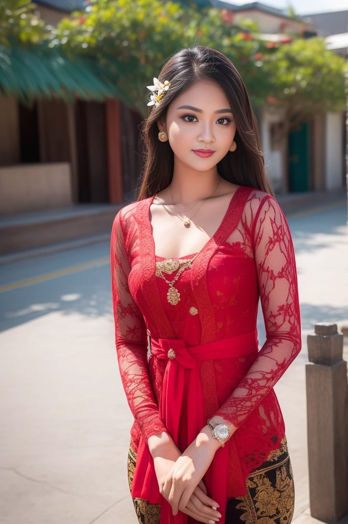 8k portrait of beautiful cyborg with brown hair, point with finger, ((beach temple background)), photography, portrait of gadis_jelita wearing kebaya_bali in red_kebaya_bali, red lipstick, detail, flowers, blurry background, soft focus, (masterpiece, sidelighting, finely detailed beautiful eyes: 1.2), hdr