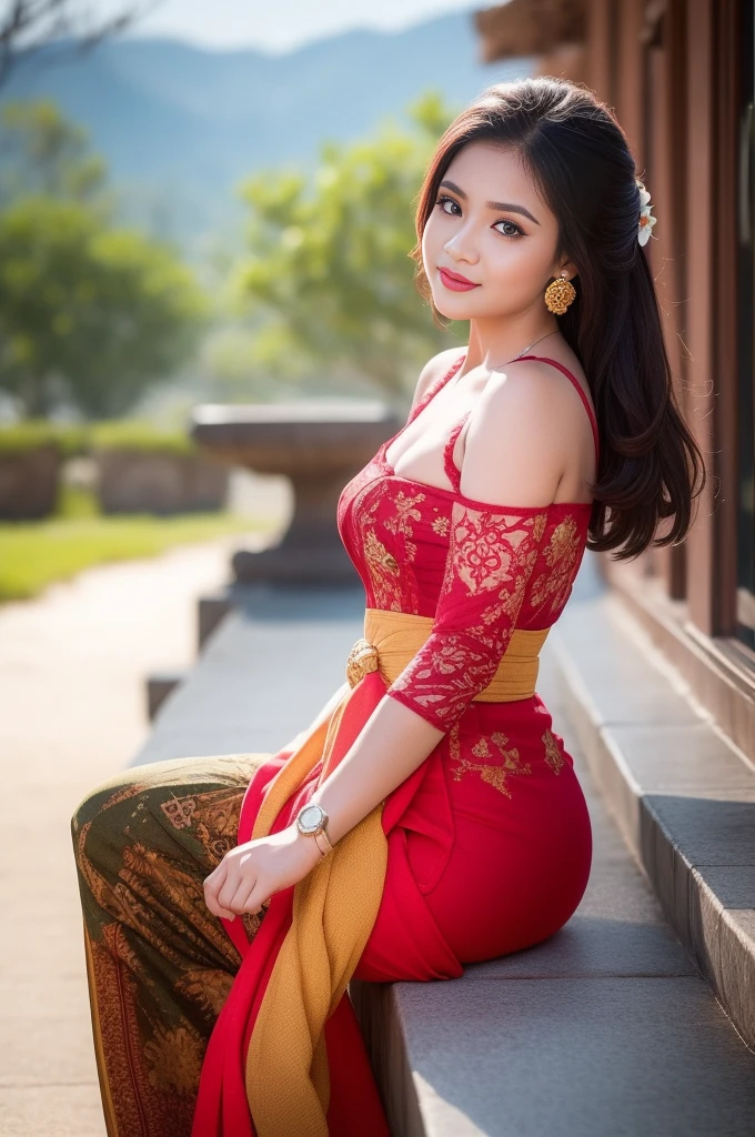 8k portrait of beautiful cyborg with brown hair, point with finger, ((beach temple background)), photography, portrait of gadis_jelita wearing kebaya_bali in red_kebaya_bali, red lipstick, detail, flowers, blurry background, soft focus, (masterpiece, sidelighting, finely detailed beautiful eyes: 1.2), hdr