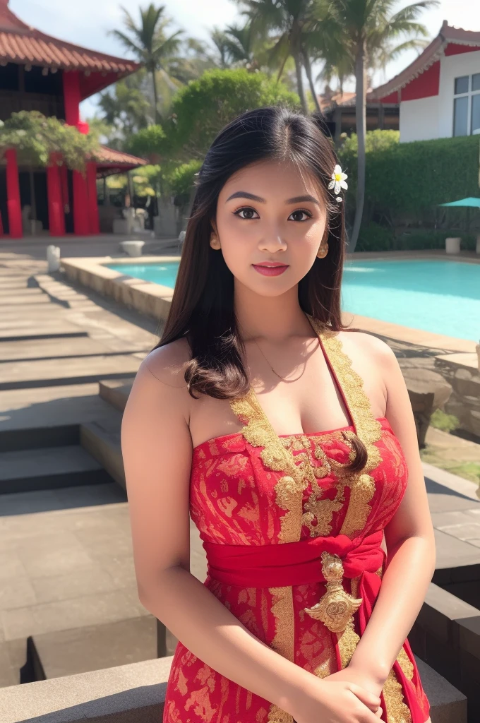 8k portrait of beautiful cyborg with brown hair, point with finger, ((beach temple background)), photography, portrait of gadis_jelita wearing kebaya_bali in red_kebaya_bali, red lipstick, detail, flowers, blurry background, soft focus, (masterpiece, sidelighting, finely detailed beautiful eyes: 1.2), hdr