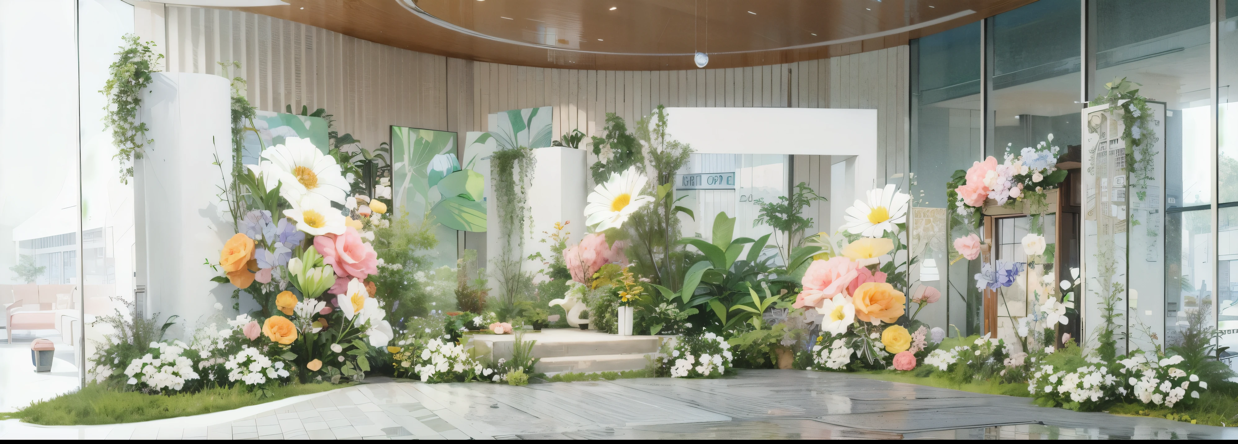 3D rendering, Flower Installation, Events held in Kengo Kuma's lobby'office, Green plants and white, In the tall glass compartment, Grass, There is a huge pale rose on the marble floor, colorful, vine, watercolor,Planting White Roses, pillar, wedding, HD quality, high detail, Very detailed, Fair, architectural shots, Surrealism, Unreal Engine 5