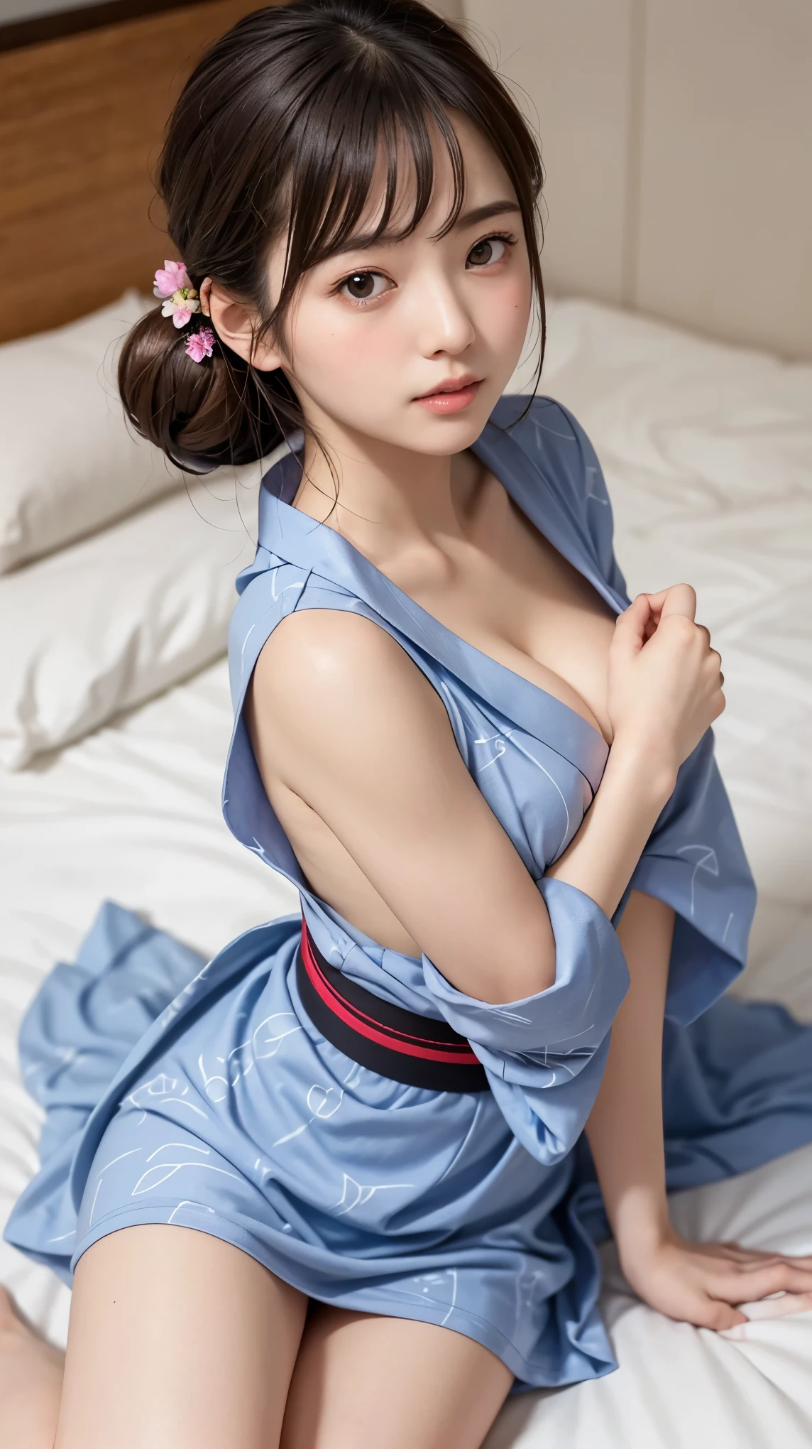 (anatomically correct, perfect anatomy:1.3), (professional writing)、Detailed workmanship、(high resolution:1.1)、highest quality、gravure photo、(8K, High resolution:1.2)、(RAW photo, photorealistic:1.3)、slender body shape、high definition face、(Face is in focus、high definition eyes)、(Focused, symmetrical pupils:1.2)、High-definition and beautiful skin、firm skin、natural makeup、gross lip, High-definition hair texture, (japanese woman、high school girl:1.3)、17 years old、(hair bun:1.2), unparalleled beauty、break (A patterned yukata with an open hem, multiple color:1.3) break bedroom, (on the bed、I have my hands on my chest:1.1)、(lying on one’s back:1.3), (thin legs、Her legs are exposed)、(shy face), medium breast, cleavage, (nipples), (very embarrassed, blush:1.3)、(shot from above:1.2), (looking at viewer:1.2)