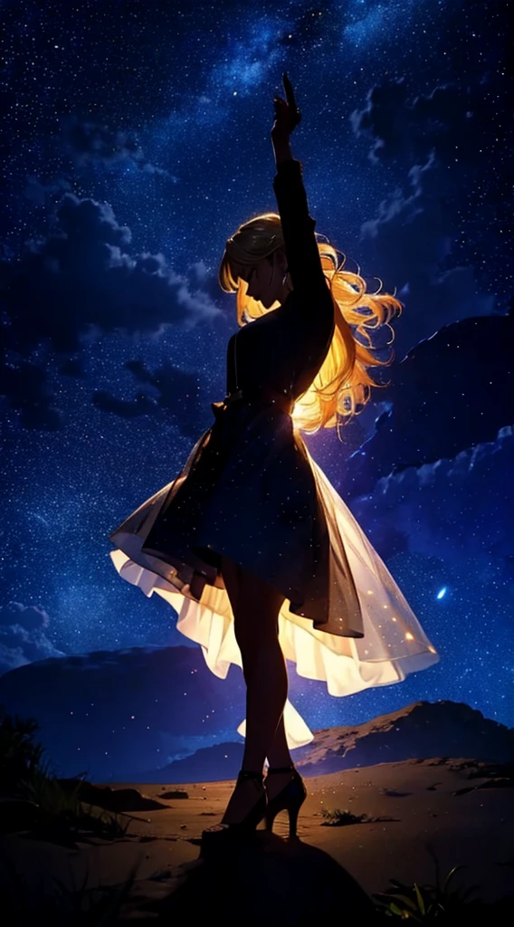 starry sky,dance,woman1people,silhouette,blonde, dress,blonde long hair,