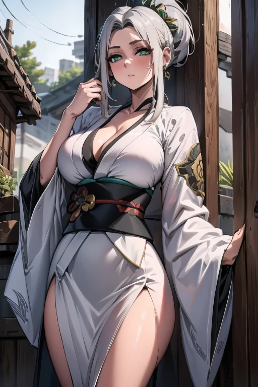 a young silver haired woman with green eyes with an hourglass figure in a conservative traditional kimono is looking at fans