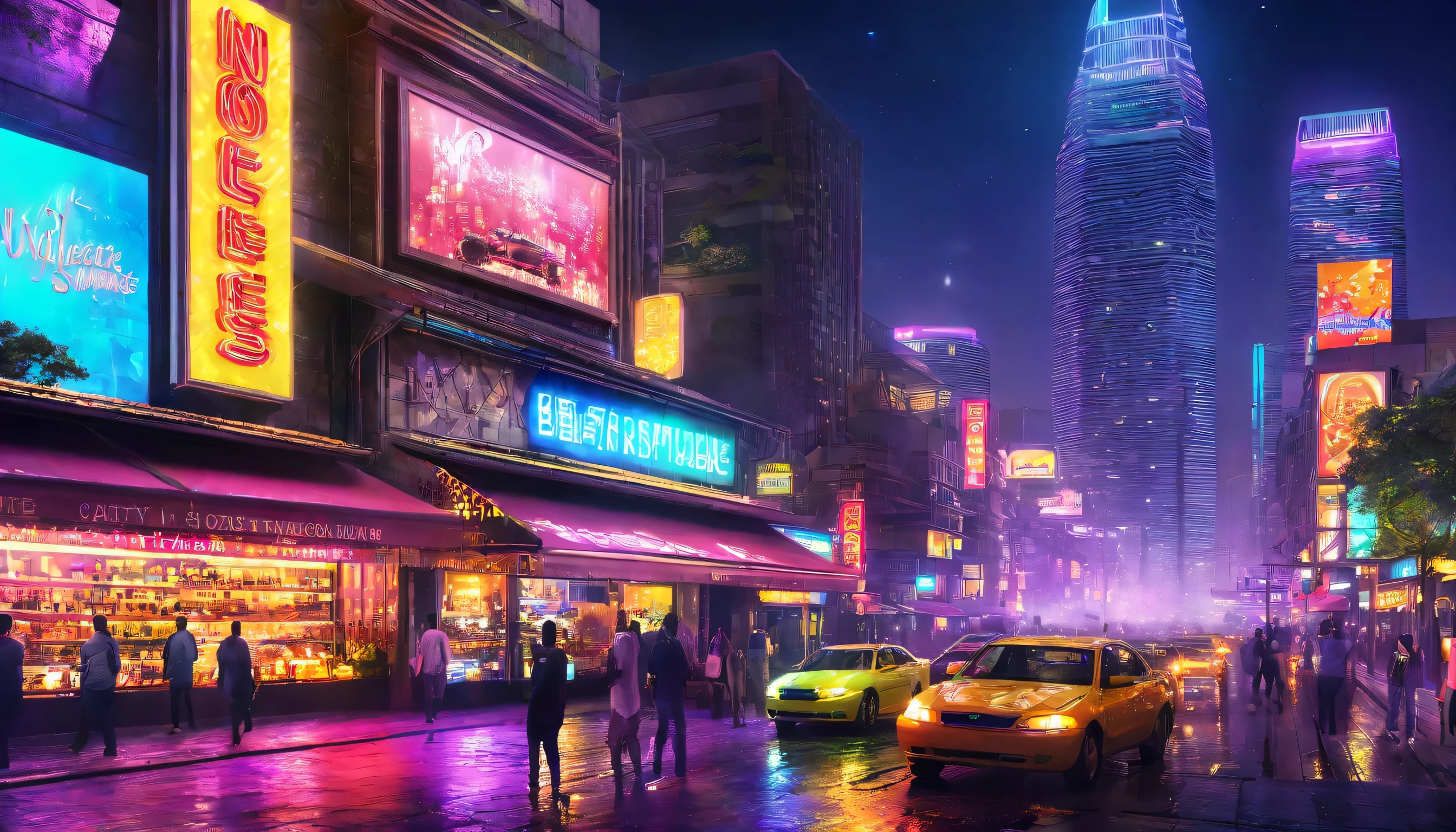 (best quality,4k,highres,ultra-detailed,realistic:1.2), vibrant neon lights illuminating the streets of the city at night, downtown cityscape bustling with activity, vivid colors blending harmoniously, city lights reflecting on rain-soaked pavements, bustling cars and taxis, towering skyscrapers reaching towards the starlit sky, bustling city life captured in a photorealistic manner, mesmerizing neon signs adorning the buildings, lively atmosphere filled with energy, dynamic composition showcasing the vibrant nightlife, urban setting bathed in an array of neon hues, bustling street filled with pedestrians, futuristic ambiance with a touch of nostalgia, captivating blend of modernity and tradition, city skyline with glowing skyscrapers, cinematic lighting casting dramatic shadows, bustling cafes and restaurants with vibrant outdoor seating areas, panoramic view capturing the essence of the city, dreamlike atmosphere with an electrifying energy.