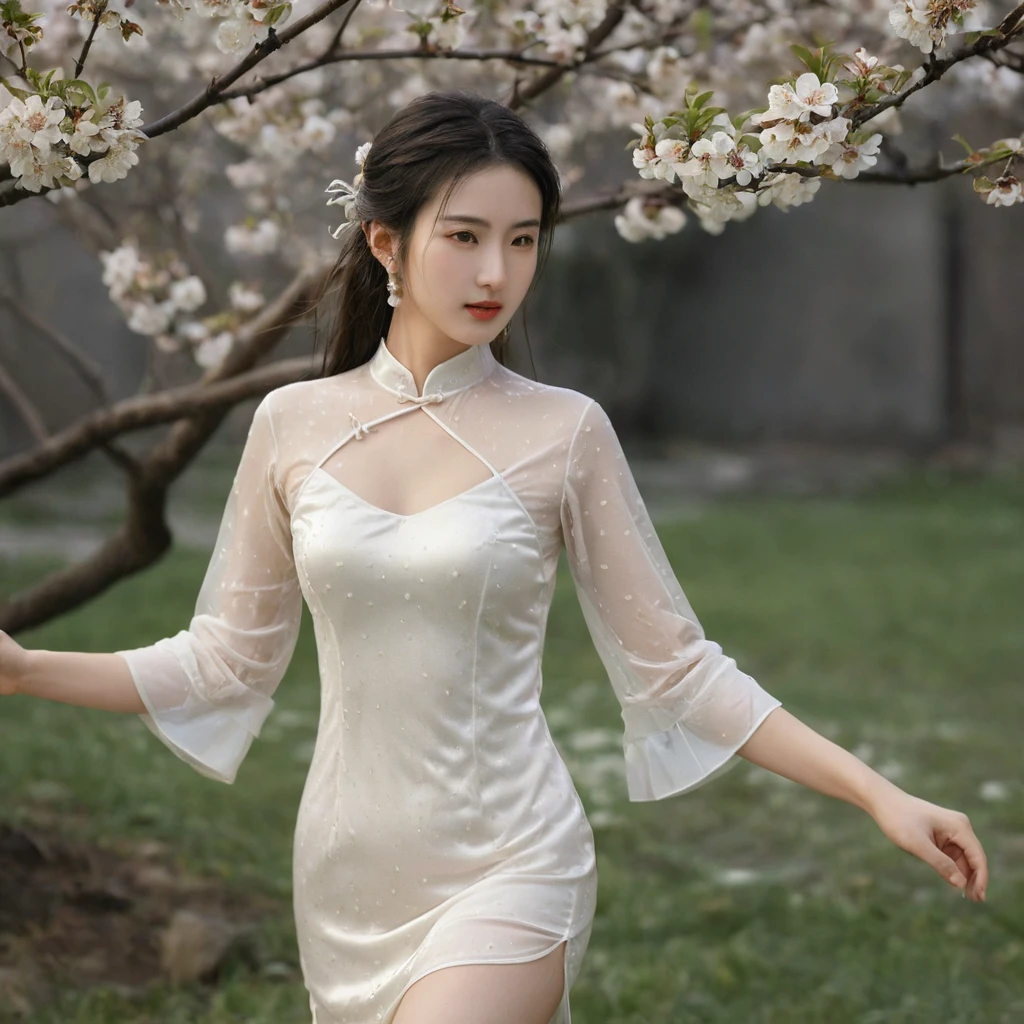 raw photo, realistic, Liu Yifei wears thin wet transparent white qipao, light smile, (extreme detailed face, detailed skin), slim body, tight waist, thin thighs, thin legs, huge round breasts, pearl earrings, long ponytail hair, silk bandeau, thin wet stockings, silk shoes, show thighs, show feet, full body shot, kungfu pose in garden, blooming plum tree, soft lights on face, dusk, windy, warm tone.