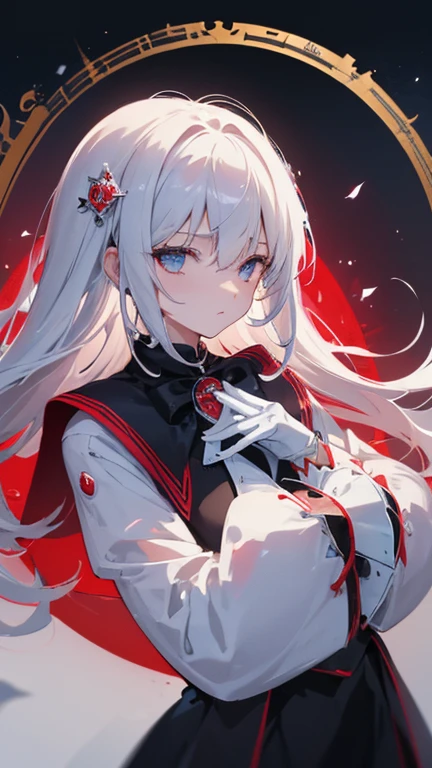 (((masterpiece))),best quality, illustration,beautiful detailed glow,detailed ice,beautiful detailed water,red moon, (magic circle:1,2), (beautiful detailed eyes),expressionless,beautiful detailed white gloves, own hands clasped, (floating palaces:1.1),azure hair,disheveled hair,long bangs, hairs between eyes, dark dress, (dark magician girl:1.1),black kneehighs, black ribbon,white bowties,midriff,{{{half closed eyes}}},,big forhead,blank stare,flower,large top sleeves