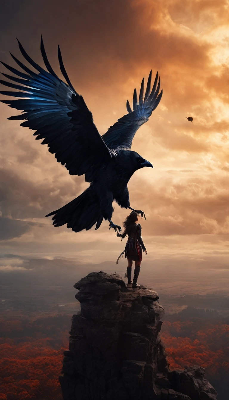 (high quality,8k,photorealistic),(dark fantasy,digital painting),(huge crow with sharp feathers,woman riding on top of it and flying through the air),(crow deity),(detailed description,dark atmosphere),(mystical and mythical),(eerie lighting),(ominous and mysterious),(fantastical and otherworldly),(ominous shadows),(magical and surreal),(intense and dramatic),(ominous clouds),(fantasy landscape),(sharp details),(incredible depth),(haunting presence),(gorgeous and captivating),(ethereal and enchanting),(brilliant and vivid colors),(ominous and mystical aura),(foreboding and enigmatic),(impressive and awe-inspiring),(heroine in a stunning outfit),(intense and piercing gaze),(dramatic and dynamic composition),(powerful and majestic),(epic and legendary),(imposing and grand),(mesmerizing and captivating),(wings spread wide),(sinister and alluring),(impressive and breathtaking),(airborne),(ominous and unconventional),(fantasy adventure),(mythical journey),(exquisite and masterful),(enigmatic and compelling)