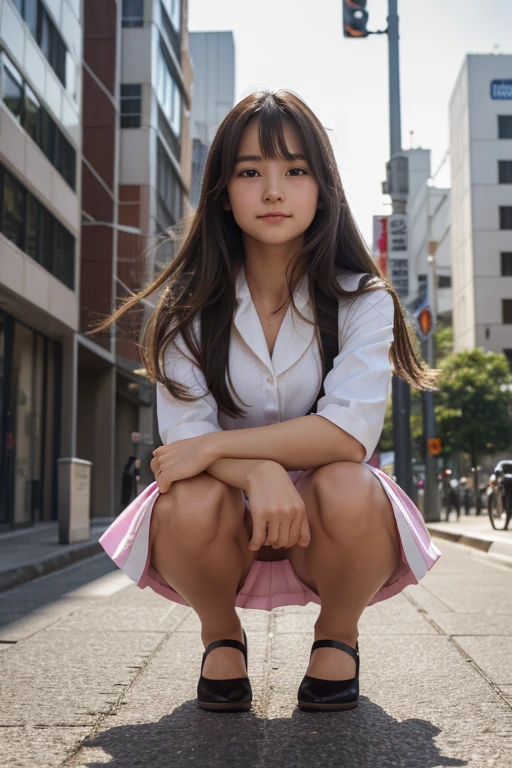 Move your center of gravity back, put your hands forward from both feet, put both feet in the circle of your hands, pretty embarrassing, no panties, thin legs, tight skirts, knees at 90 degrees, heels on the ground on, hands in front of my feet, hugging my legs, kneeling down, sidewalk, RAW photos, 8K, highest quality, ultra-high resolution, beautiful faces detailed, real human skin, gentle expressions, Front view, angle from below, long hair, realistic, photorealistic, cute, short skirt, squatting deep in the city, cute school girl, Japanese uniform, wearing Japanese , surreal high school girl, whole body,