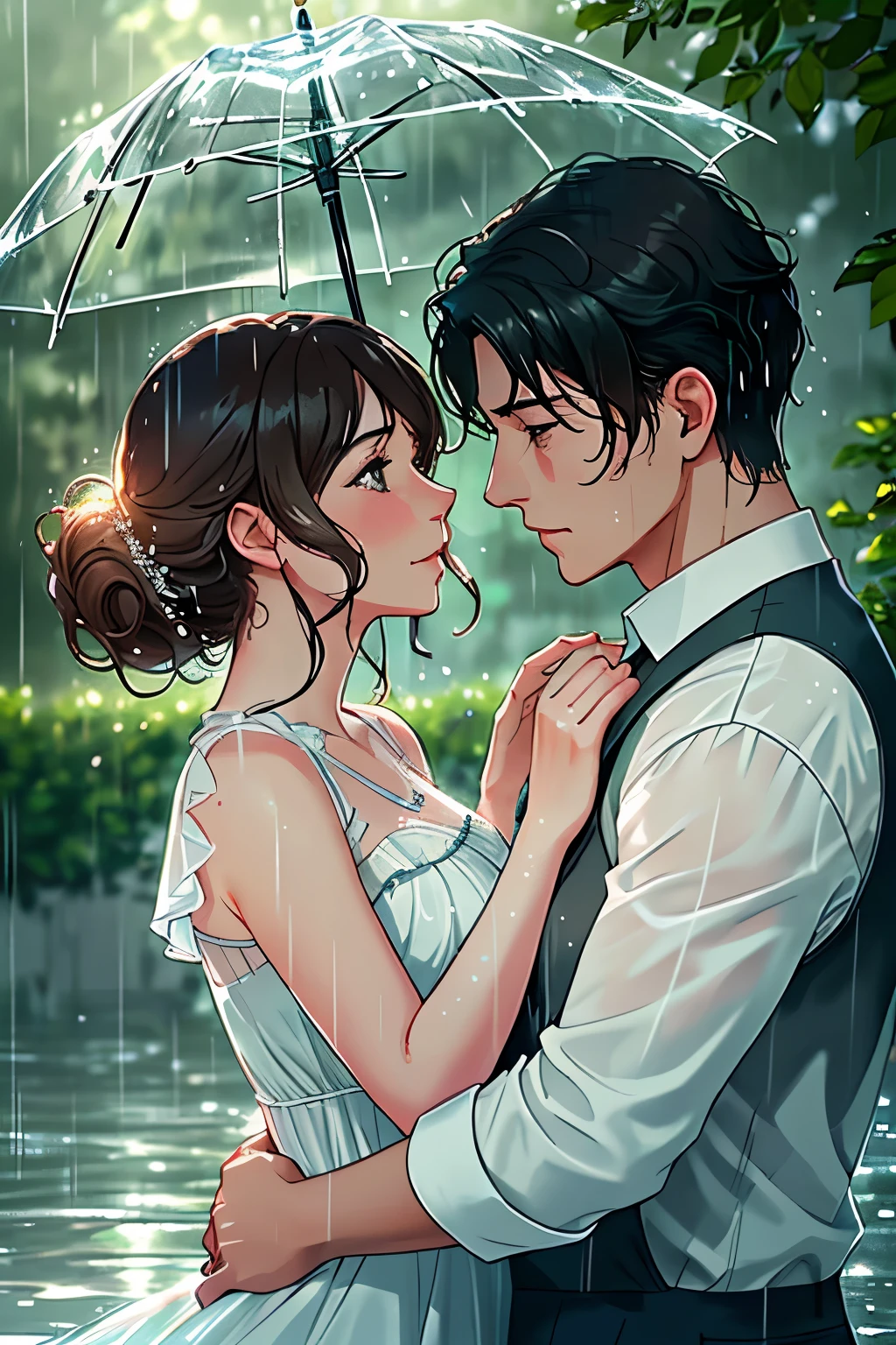 Love is like a continuous flood that pours down on us, an unending stream of emotions and passion. (Masterpiece, High Quality, Cinematic lighting, Realistic Rendering, 1 man and 1 woman, Close-up shot, Intimate, Wet eyes, Swept away expression, Splashes of water drops, Reflections on their bodies, Lush greenery in the background, Soft focus). A man and a woman, deeply in love, stand in the rain, their faces expressing a sense of overwhelming joy and wonder. The continuous flow of raindrops mirrors the unending torrent of emotions they feel towards each other, leaving their bodies saturated and their hearts full