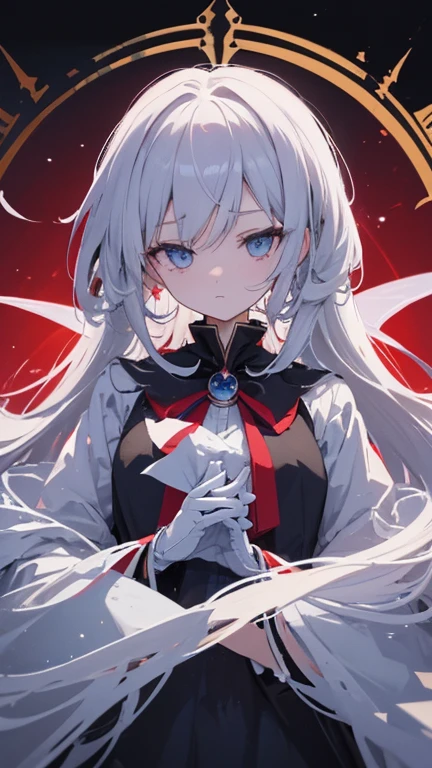 (((masterpiece))),best quality, illustration,beautiful detailed glow,detailed ice,beautiful detailed water,red moon, (magic circle:1,2), (beautiful detailed eyes),expressionless,beautiful detailed white gloves, own hands clasped, (floating palaces:1.1),azure hair,disheveled hair,long bangs, hairs between eyes, dark dress, (dark magician girl:1.1),black kneehighs, black ribbon,white bowties,midriff,{{{half closed eyes}}},,big forhead,blank stare,flower,large top sleeves
