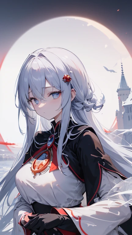 (((masterpiece))),best quality, illustration,beautiful detailed glow,detailed ice,beautiful detailed water,red moon, (magic circle:1,2), (beautiful detailed eyes),expressionless,beautiful detailed white gloves, own hands clasped, (floating palaces:1.1),azure hair,disheveled hair,long bangs, hairs between eyes, dark dress, (dark magician girl:1.1),black kneehighs, black ribbon,white bowties,midriff,{{{half closed eyes}}},,big forhead,blank stare,flower,large top sleeves