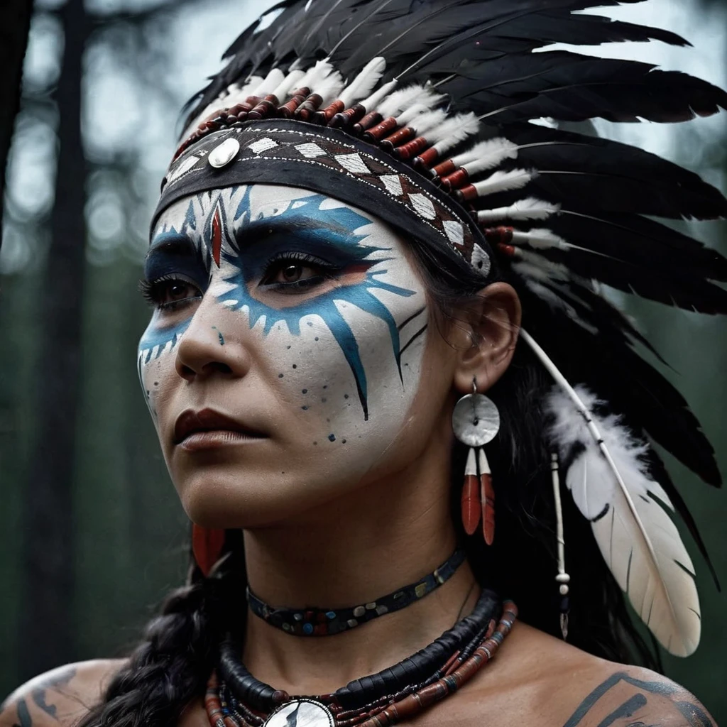 Close-up, a female Shaman of the Native Americans of the Crow tribe. War paint, Feathers, Beads, beads . Gloomy night lighting. The background is a moonlit night in the forest. Hyperdetalization. Elegance, splendor, perfection, beauty, inspired by , chiaroscuro, high contrast, textured look, black and white still, digital Art, perfect composition, beautiful detailed intricate insanely detailed octane render trending on artstation, 8 k artistic photography, photorealistic concept art, soft natural volumetric cinematic perfect light, chiaroscuro, award - winning photograph, masterpiece, oil on canvas,, intricate details as seen in octane rendering, High Resolution, High Quality, Masterpiece