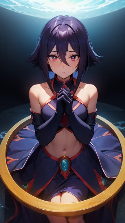 (((masterpiece))),best quality, illustration,beautiful detailed glow,detailed ice,beautiful detailed water,red moon, (magic circle:1,2), (beautiful detailed eyes),expressionless,beautiful detailed white gloves, own hands clasped, (floating palaces:1.1),azure hair,disheveled hair,long bangs, hairs between eyes, dark dress, (dark magician girl:1.1),black kneehighs, black ribbon,white bowties,midriff,{{{half closed eyes}}},,big forhead,blank stare,flower,large top sleeves