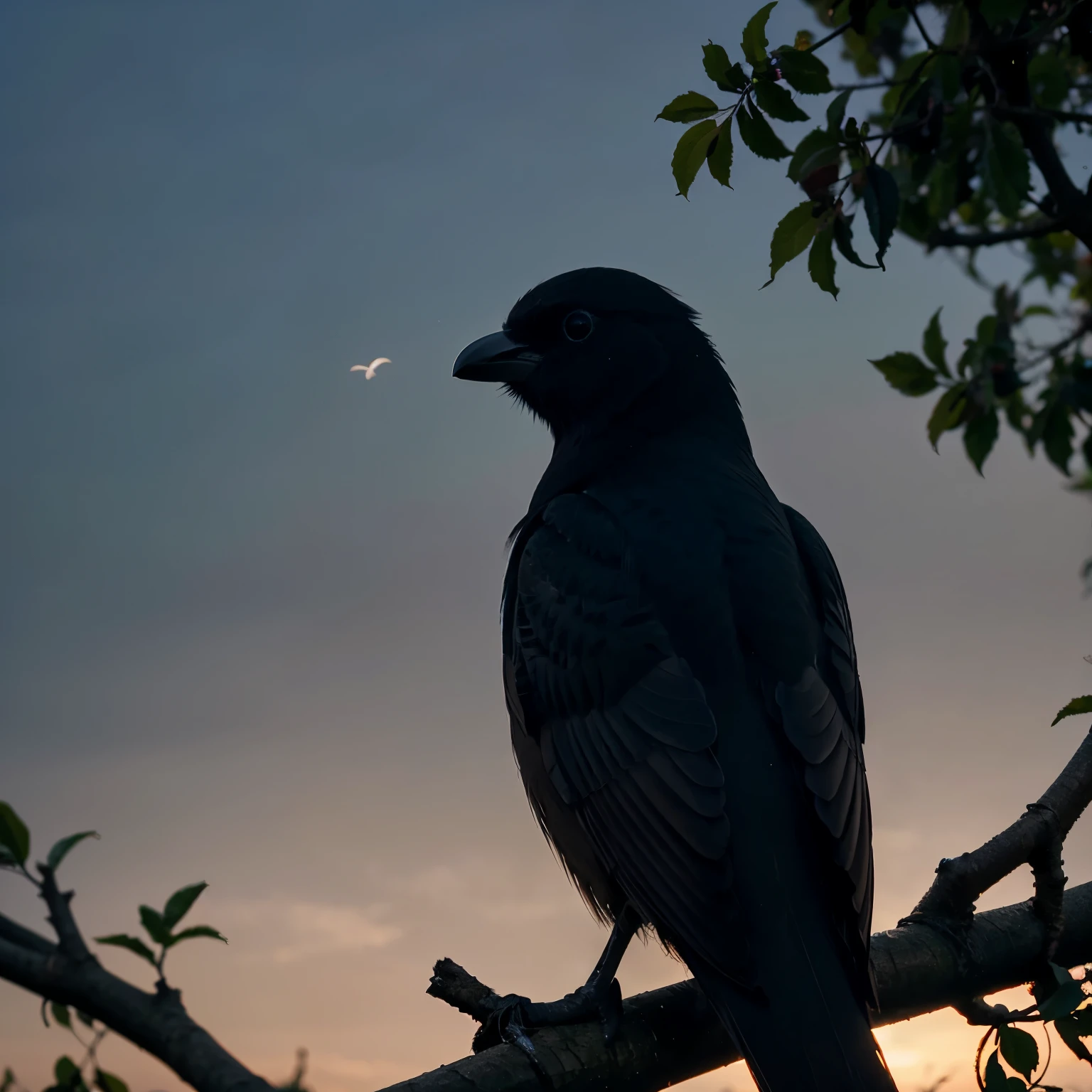 At midnight a bird sitting on a tree , dark nature , barely seen, no sun, in a field 