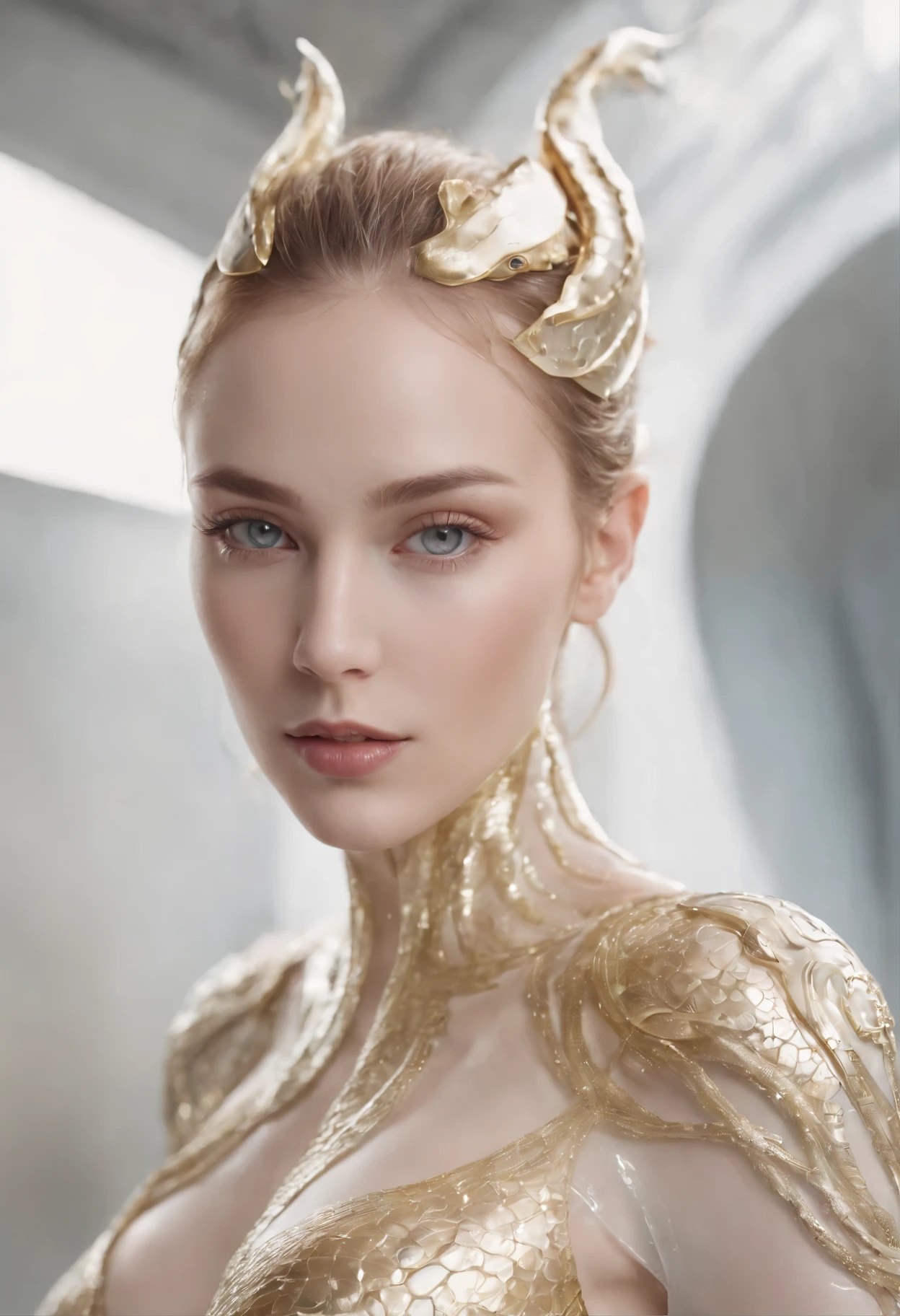 A full-body portrait
as a stunning cyborg serpent-humanoid transparent glass material woman only white and gold, Her eyes are almond-shaped and mesmerizing, with irises that shimmer like pools of liquid gold, her form constructed ofl, transparent glass materia showcasing a meticulous anatomy illustration of a biomechanic android. Her eyes are almond-shaped and mesmerizing, with irises that shimmer like pools of liquid gold, She bears porcelain skin contrasted by skimpy, translucent, attributed to her unique, mesmerizing allure.