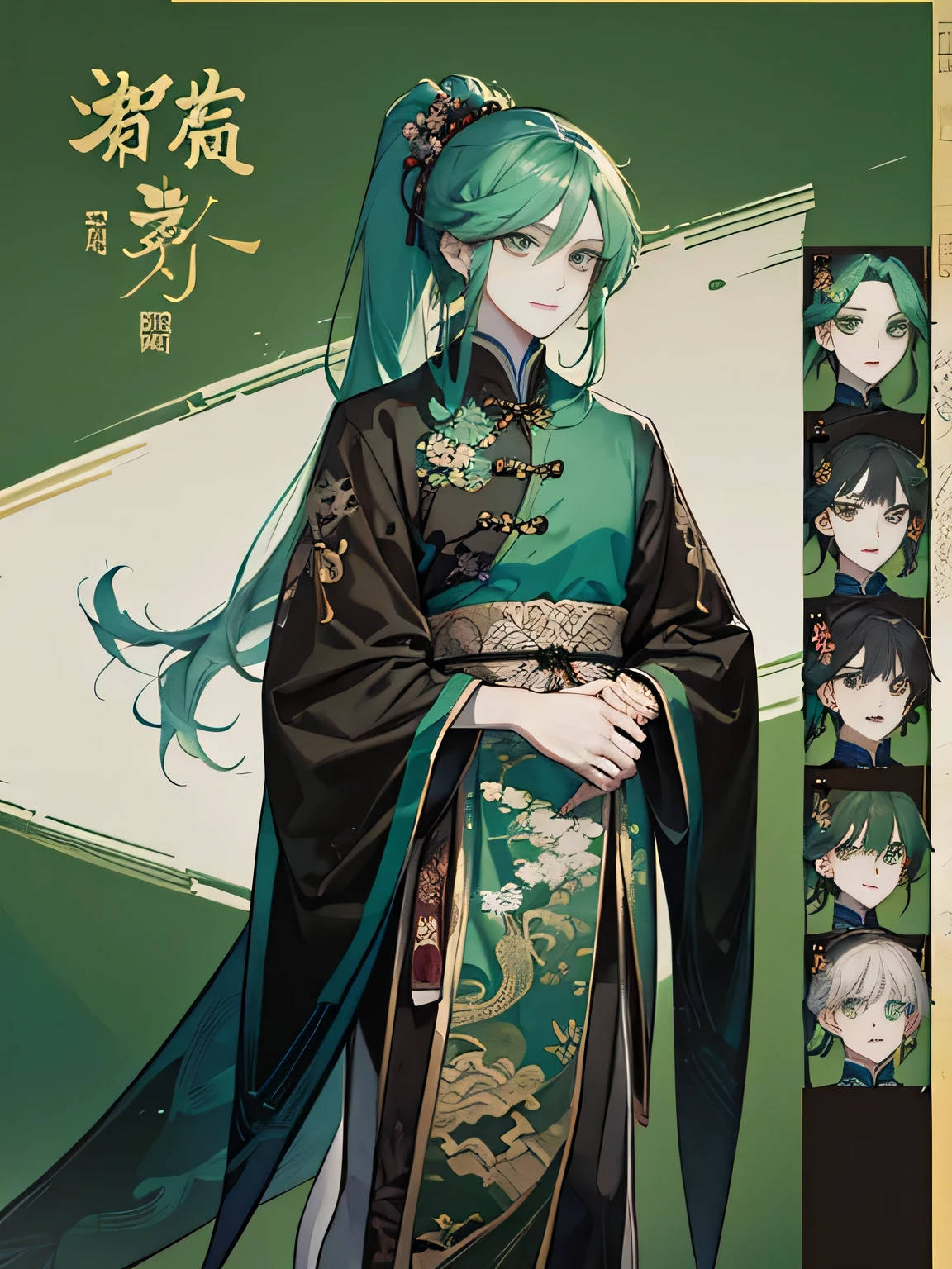 1 boy, solo, green hair, long ponytail hair, flowing straight hair, green eyes, brown hanfu, dark colored clothing, Chines flat shoes, pouches at his waist, Chinese theme, Chinese clothes, looking at viewer, fantasy art, beautiful painting, guwaika style, epic exquisite character art, stunning characters, man, soft light, detailed face, Full of details, front, side, back, 3/4 angle view front, 3/4 angle view, Highly detailed, Depth, Many parts, (reference sheet:1.5), detailed character design, highly detailed character design, 8K post-production, high resolution, ((highly detailed)), HDR, intricate, smile, multiple postures and facial expressions,