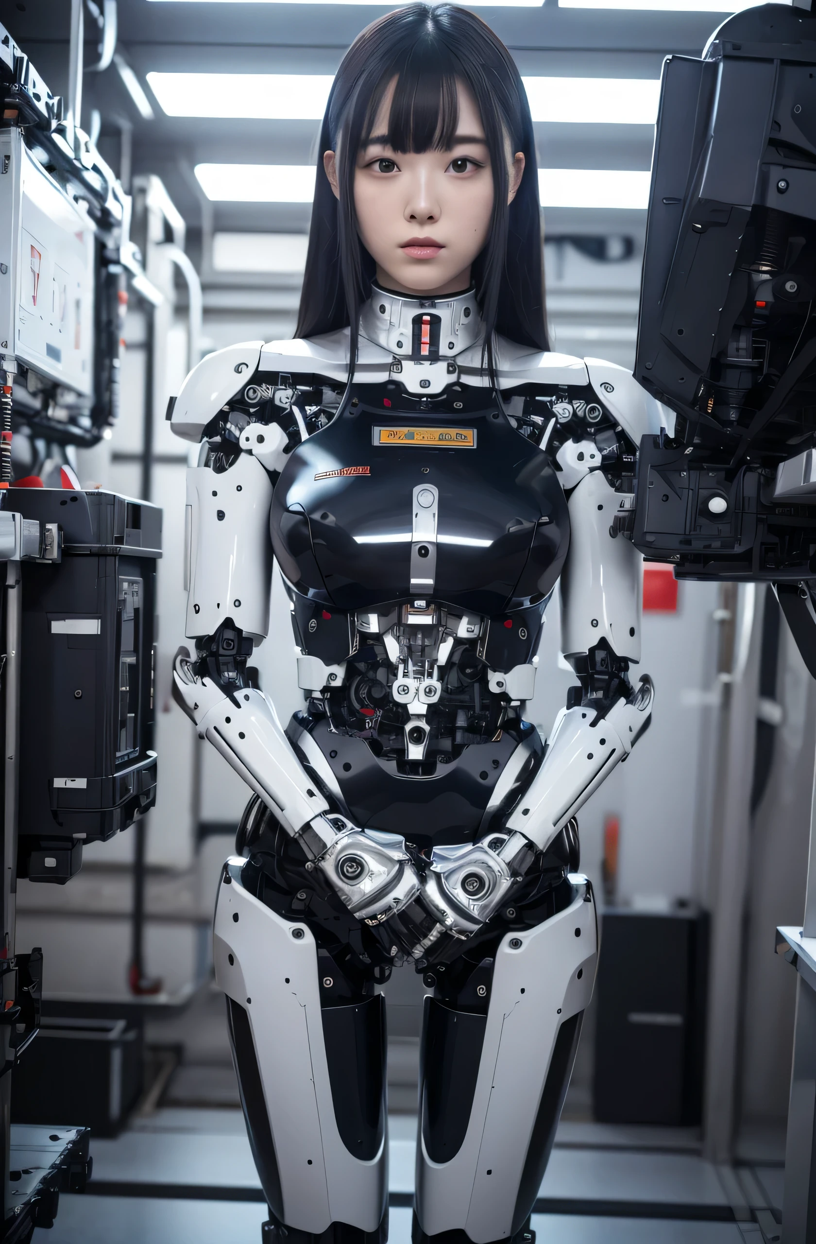 masterpiece, best quality, extremely detailed, Japaese android girl,Plump , control panels,android,Droid,Mechanical Hand, Robot arms and legs, Black hair,Blunt bangs,perfect robot girl,long tube,thick cable connected her neck,android,robot,humanoid,cyborg,japanese cyborg girl ,robot-assembly plant,She is assembling now,assembly scene