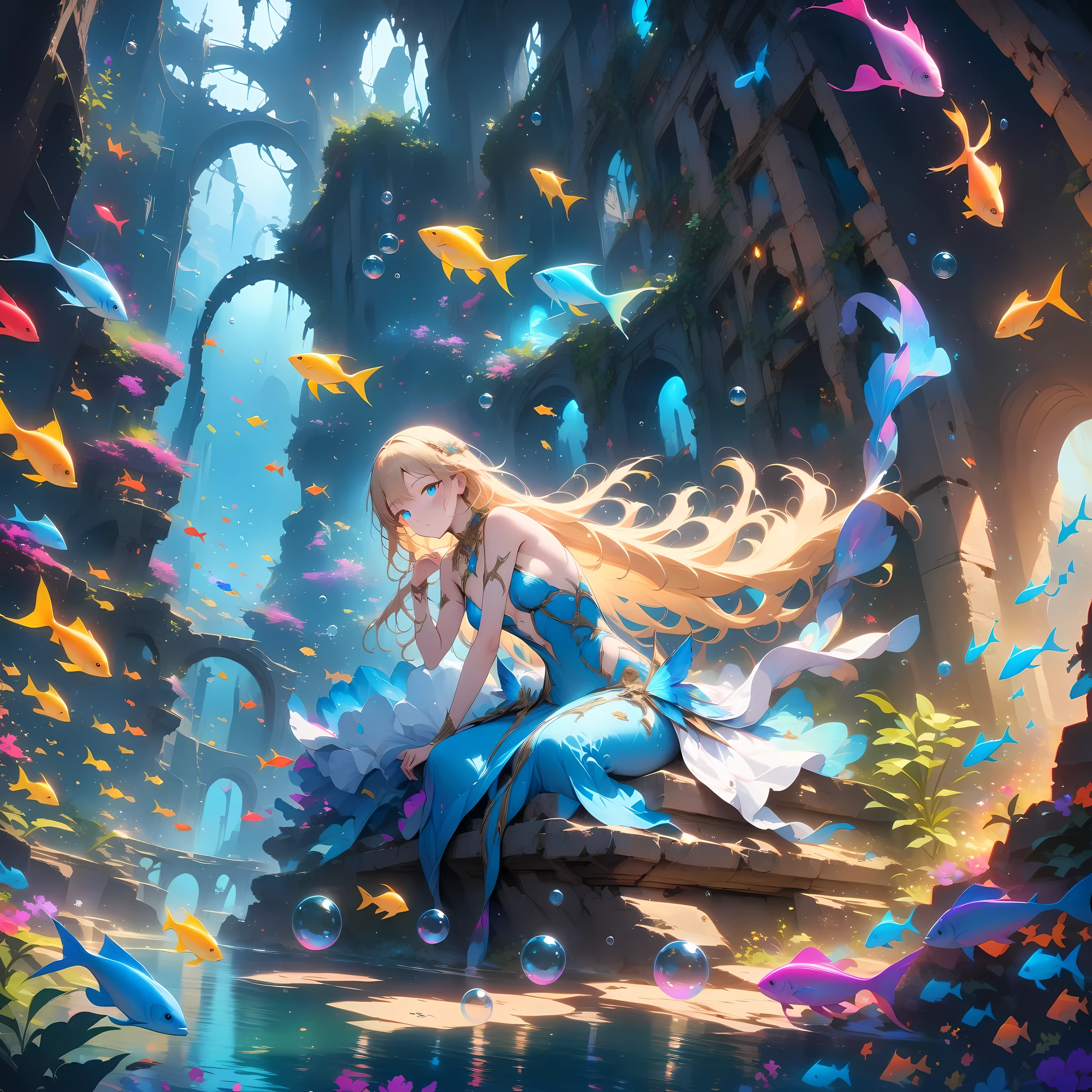 ((masterpiece, best quality, ultra-detailed, an extremely delicate and beautiful)), ((extremely detailed CG unity 8k wallpaper)), ((award winning, ccurate, UHD, textured skin, chromatic aberration, perfect anatomy, Fujicolor)), (concept art, fantasy art), ((((fantasy))), 1 young mermaid sitting aside stream near the ruin, at night, underwater, small breasts, short body, beautiful fish leg, blonde semi-long hair, innocent azure eyes, glowing eyes, pure, wearing graceful azure dress, resting, covered with rainbow-colored bubbles, shining fishes exquisite attention to detail, ((perfect_composition, perfect_design, perfect_layout, perfect_detail, ultra_detailed)), ((aesthetic harmony))