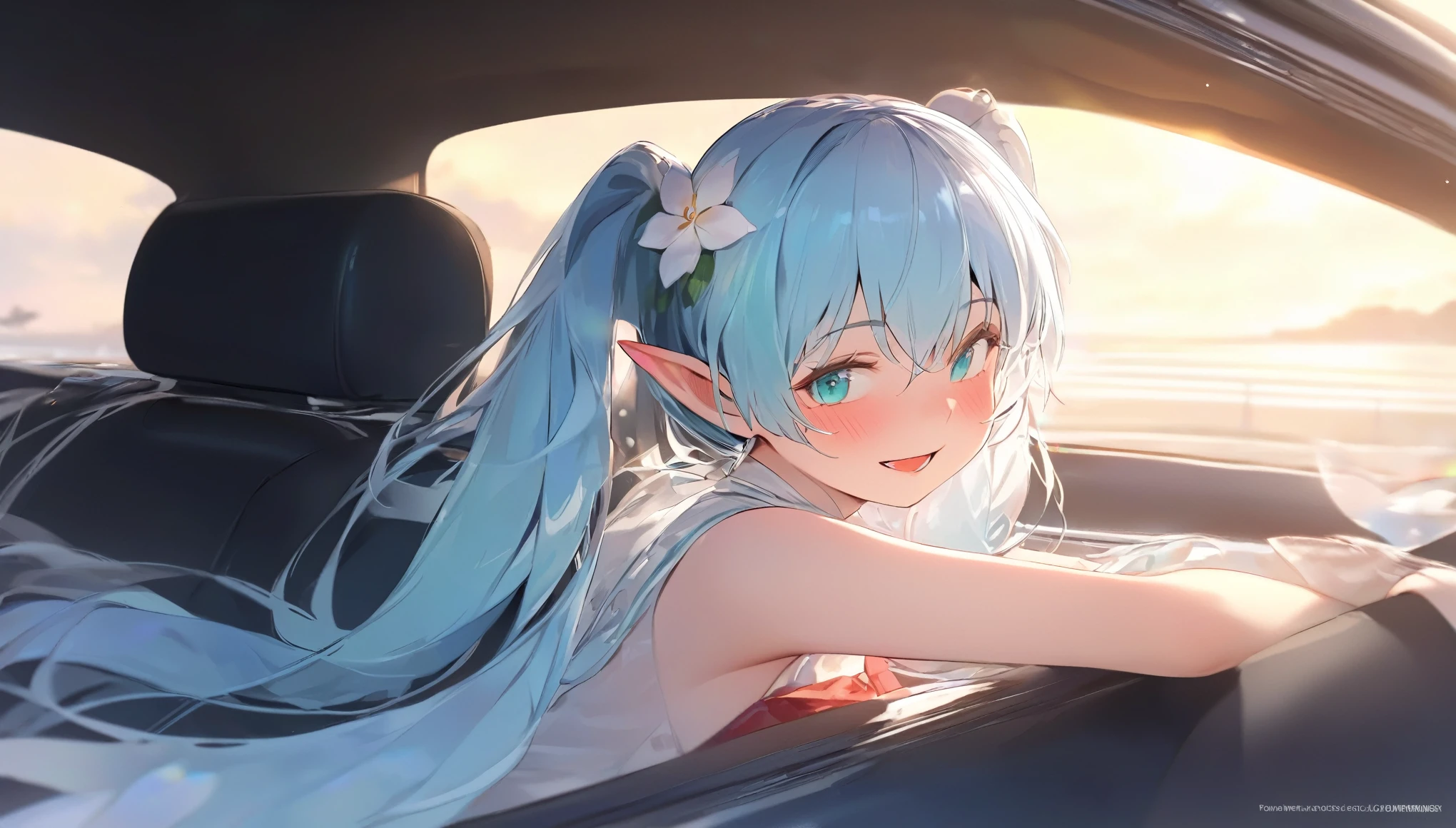  (masterpiece, best quality), 1 elven girl, ( bear breasts, thigh),  (light blue hair, twin tails ,very long hair is fluttering in the wind), hair between eyes, multi colored hair,hair flower ornament ,(blush, smile, aqua eyes), open mouth, elf dress,  (Open the front of the  dreaa chest very wide), large breasts, pointed ears, look from the side , (Cruising the highway in a car ) , (color of the car is white), ( the car has 2 seats), (the car has no roof), (passenger seat is left side in the car), (seating in the left seat in the car),  Palm trees line the shoreline 