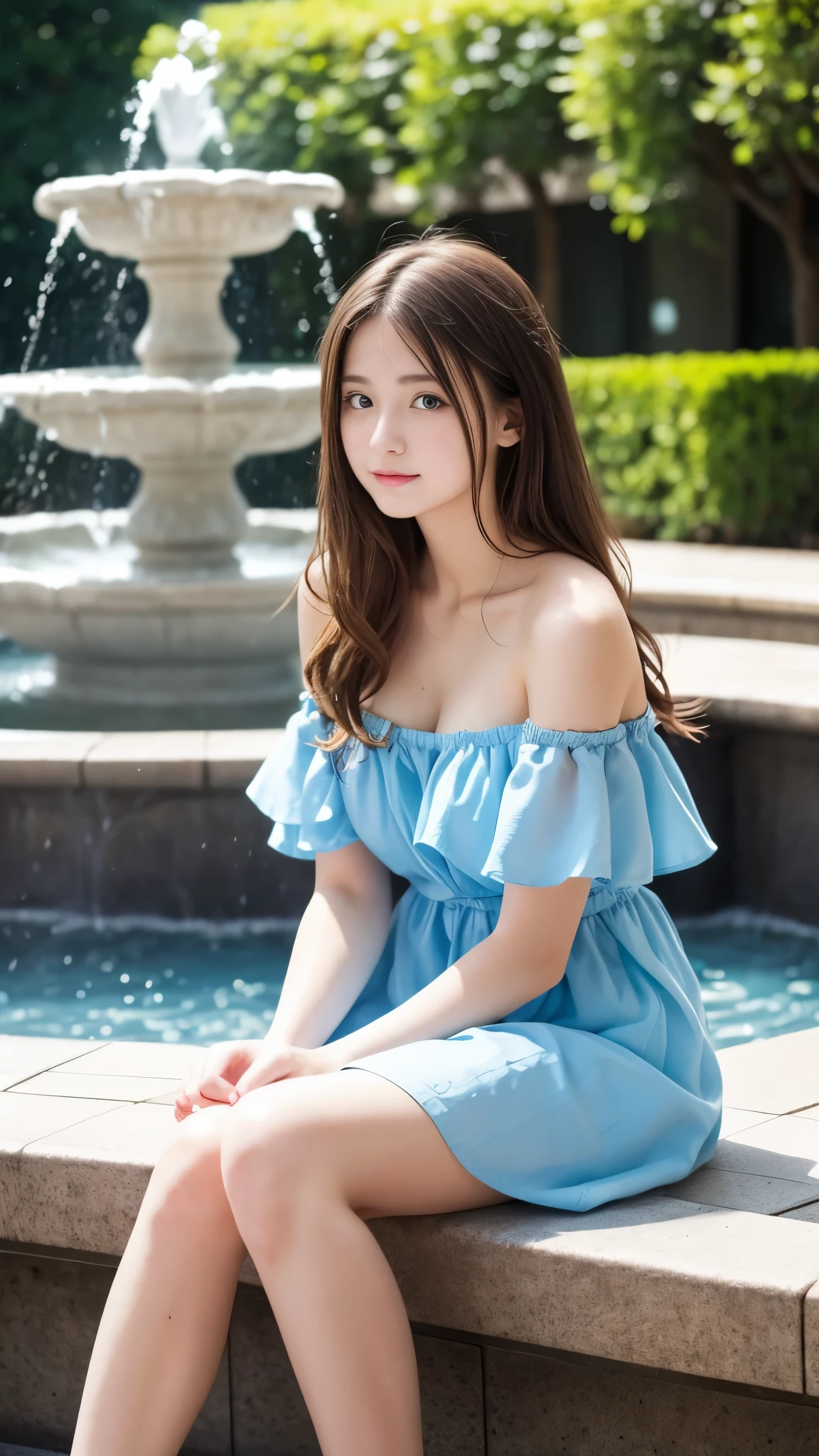 Caucasian 16 year old girl、Sitting with legs apart in a fountain、background blur、Super high quality、sunlight、Off-the-shoulder short dress、Fair-skinned beautiful girl、messy long hair、small cleavage、A fleeting look、clear outline