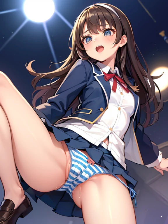 A girl about 9 years old、The exact number of fingers、Exact number of legs、Exact number of arms、bangs, long hair,headband, brown hair, (blush:1), (Put one hand in your panties:1.8), fingering, (pussy juice:1.2), cum in mouth, 、navy blue blazer uniform、The costume is open-chested,Back of school building, (Underwear with elaborate and luxurious decorations:1.3), Ribbon at collar., (white and light blue striped panties:1.3), Bra with white and light blue stripes:1.2), sexy underwear,, The skirt is rolled up, highly detailed face, perfect lighting, Very detailed CG, (perfect hands, perfect anatomy),embarrassed look、sing, singer, smile, open mouth、look up、climax、whole body