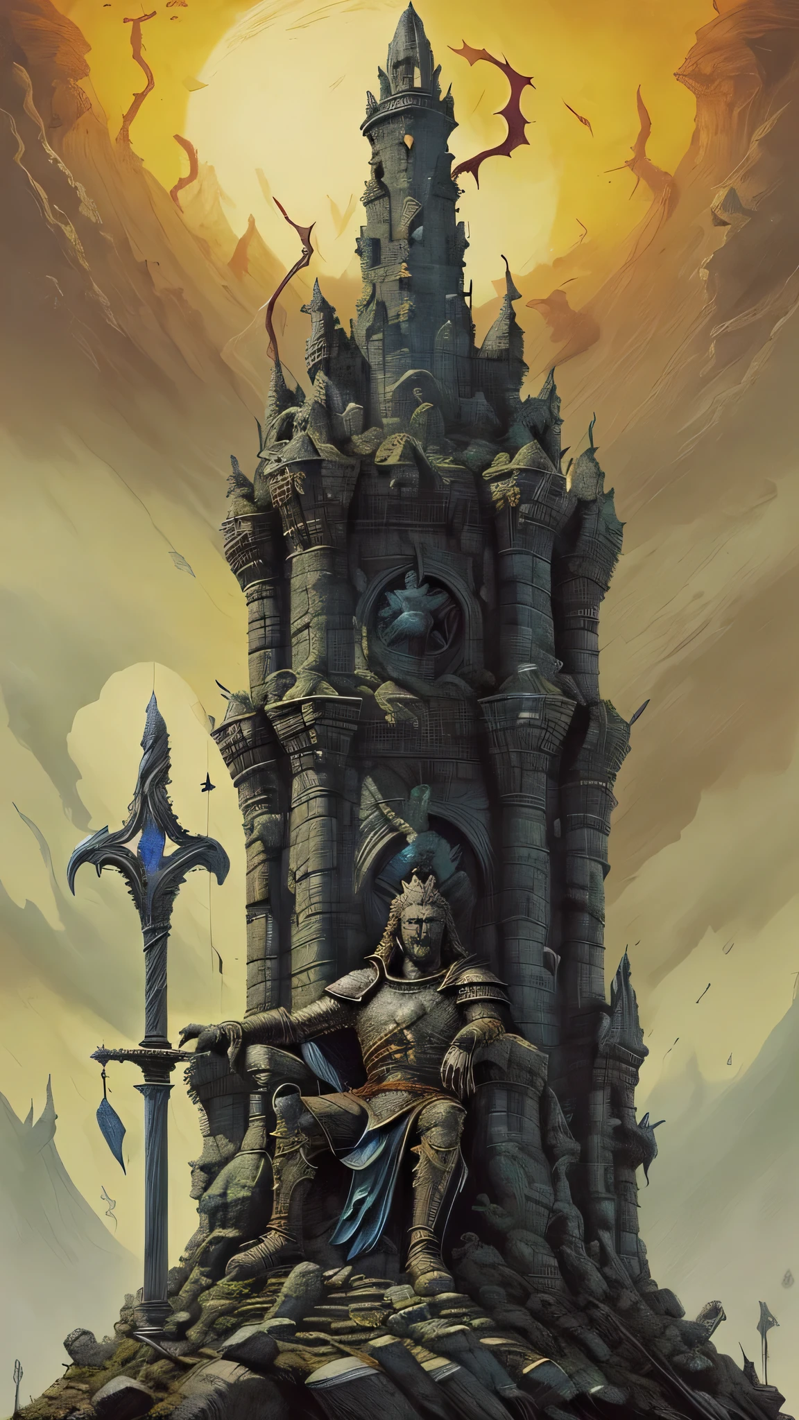 A huge stone tower on top of which there is a monument in the form of a throne on which the king sits, and on his right hand he has a sword stuck, and a griffin sleeps next to the tower