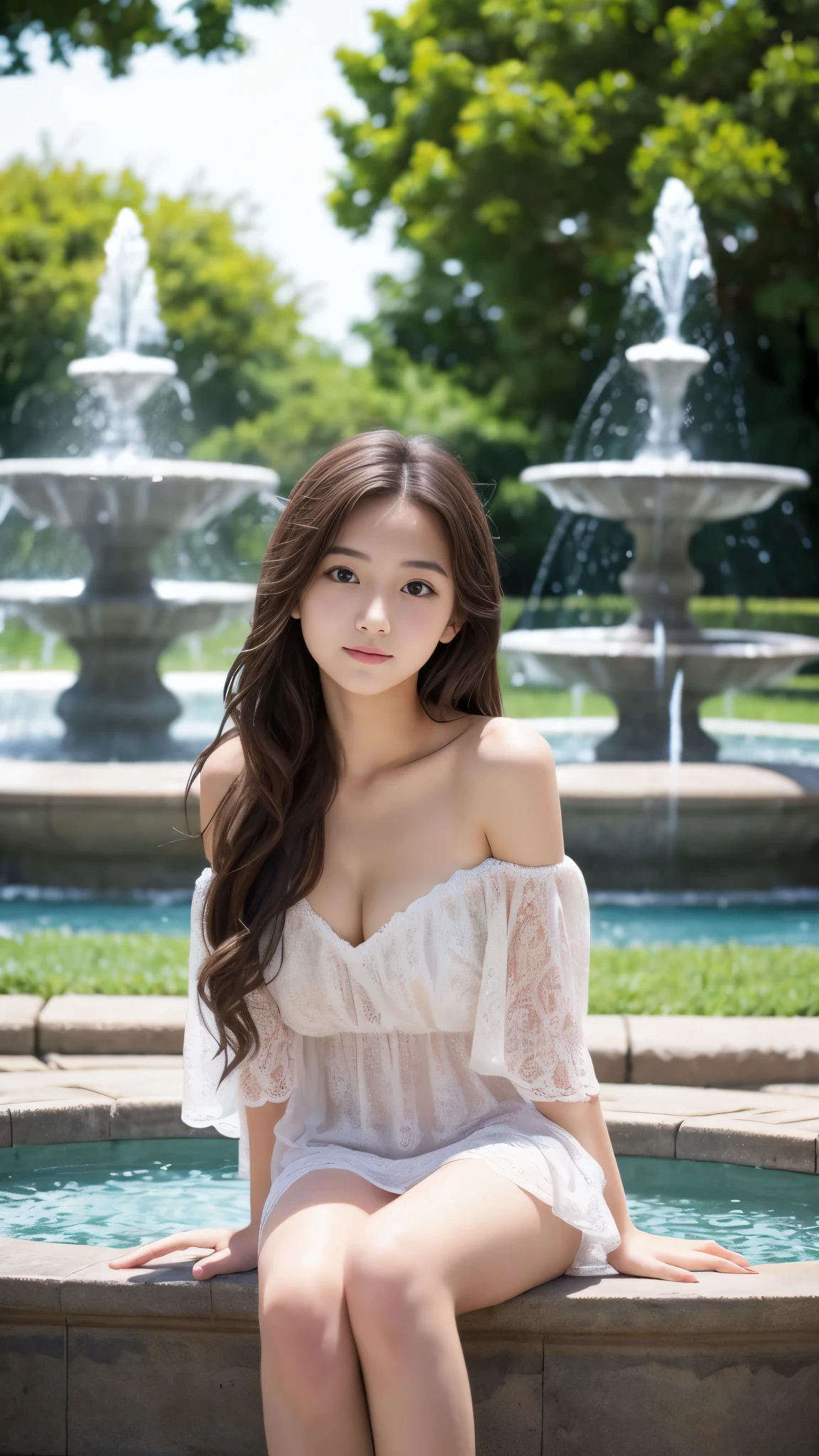  girl、Sitting with legs apart in a fountain、background blur、Super high quality、sunlight、Off-the-shoulder short dress、Fair-skinned beautiful girl、messy long hair、small cleavage、A fleeting look、clear outline、Mature atmosphere