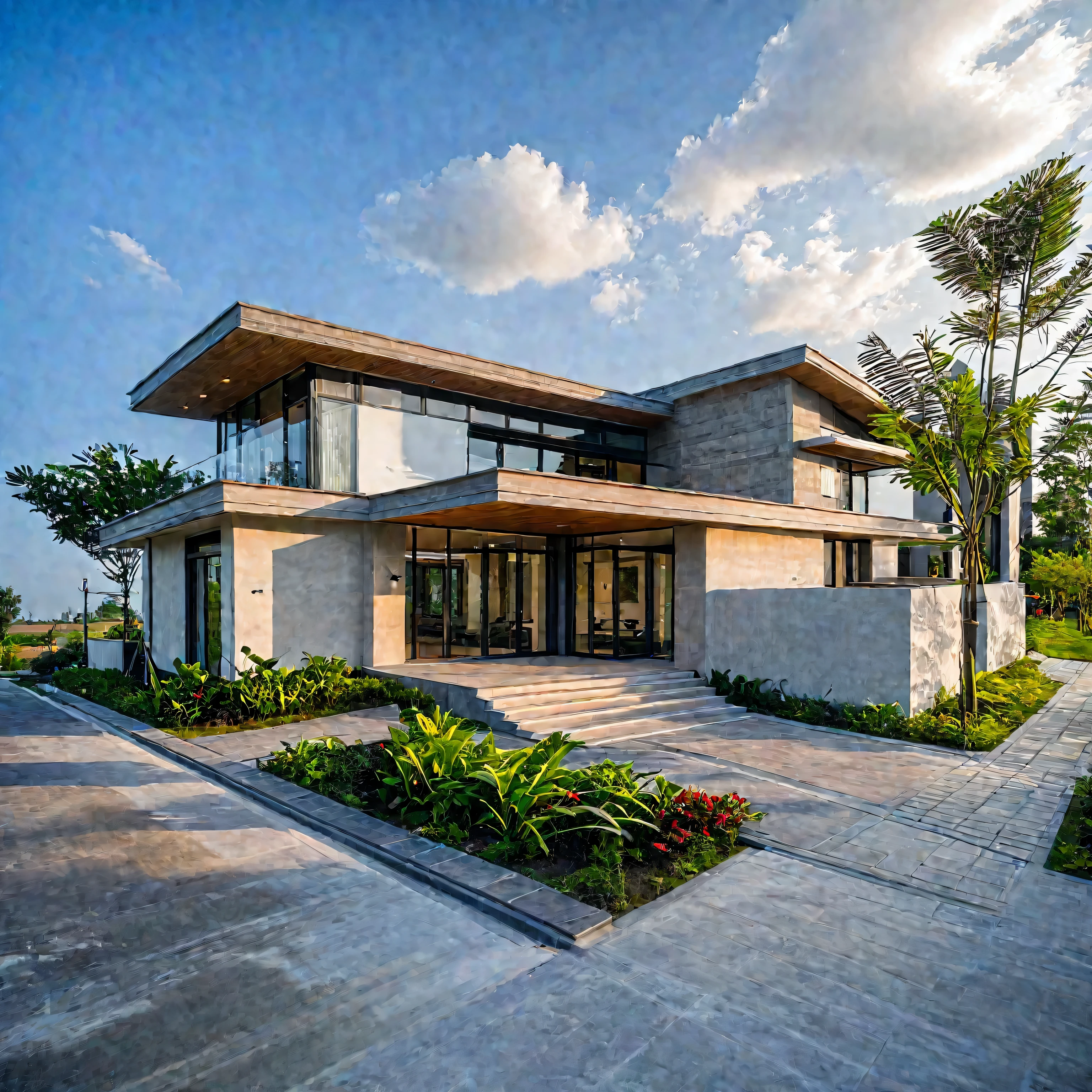 Masterpiece, high quality, best quality, authentic, super detail, outdoors, onestoreyvillaXL, aiaigroup, house style modern on the street ,stairs, white wall ,road,pavement, grass, trees, sky, cloud, (daylight:1.1), raw concrete, glass door, (Oak wood)