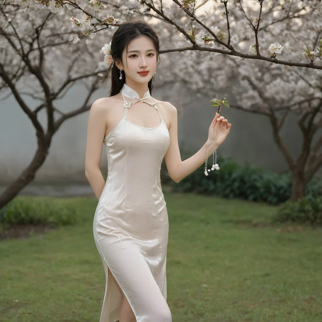 raw photo, realistic, Liu Yifei wears thin wet transparent white qipao, light smile, (extreme detailed face, detailed skin), slim body, tight waist, thin thighs, thin legs, huge round breasts, pearl earrings, long ponytail hair, silk bandeau, thin wet stockings, silk shoes, show thighs, show feet, full body shot, kungfu pose in garden, blooming plum tree, soft lights on face, dusk, light rainy, warm tone.