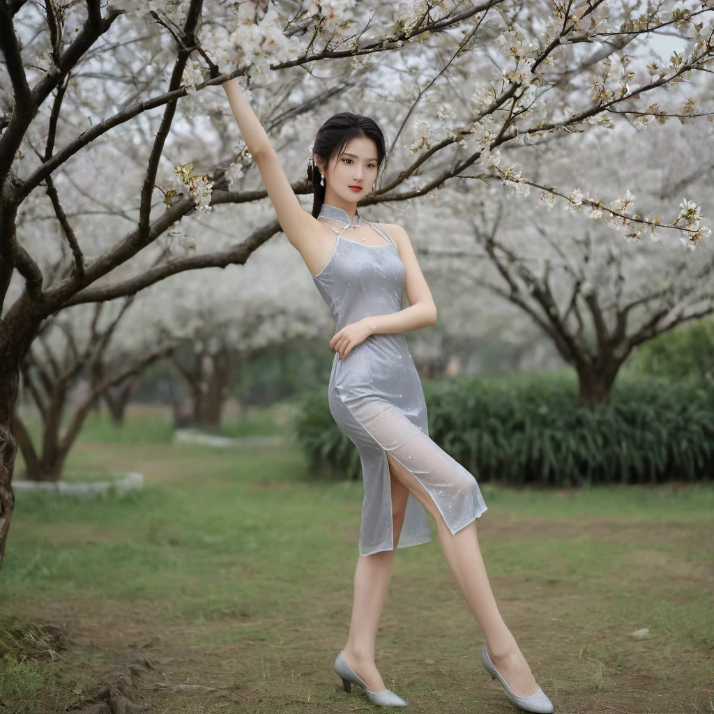 raw photo, realistic, Liu Yifei wears thin wet transparent gray qipao, light smile, (extreme detailed face, detailed skin), slim body, tight waist, thin thighs, thin legs, huge round breasts, pearl earrings, long ponytail hair, silk bandeau, thin wet stockings, silk shoes, show thighs, show feet, full body shot, kungfu pose in garden, blooming plum tree, soft lights on face, dusk, light rainy, warm tone.