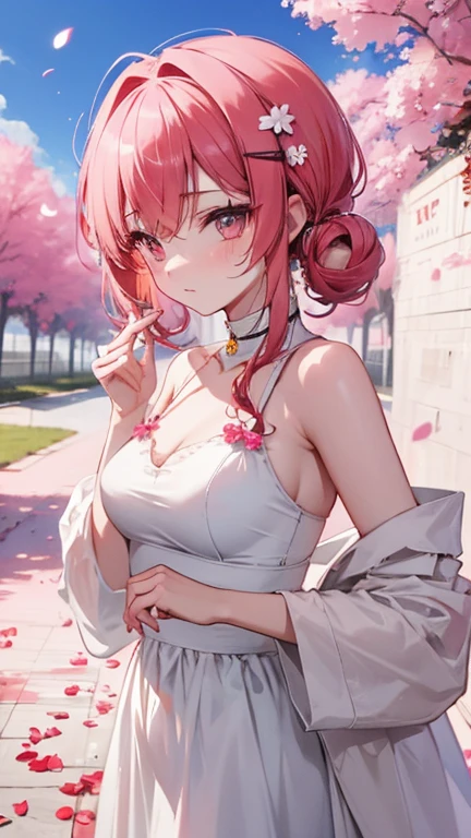 Chica anime con cabello rosado y ojos verdes posando para una foto, 4k, chica anime seductora, sakura petals around